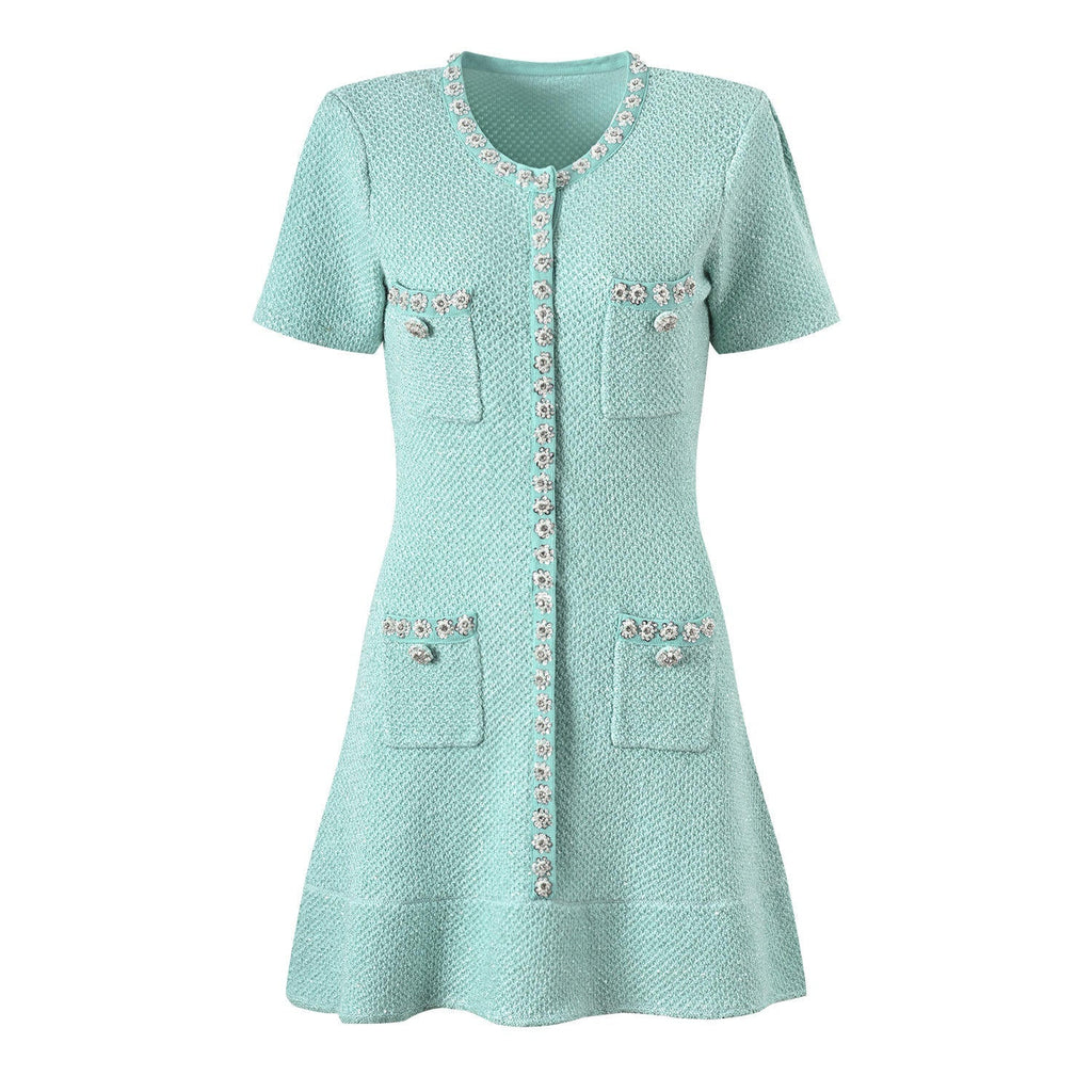 Luisa Dress - Tailored Fit With Flared Skirt - Classic and Sophisticated Style - Textured Fabric - Decorative Buttons