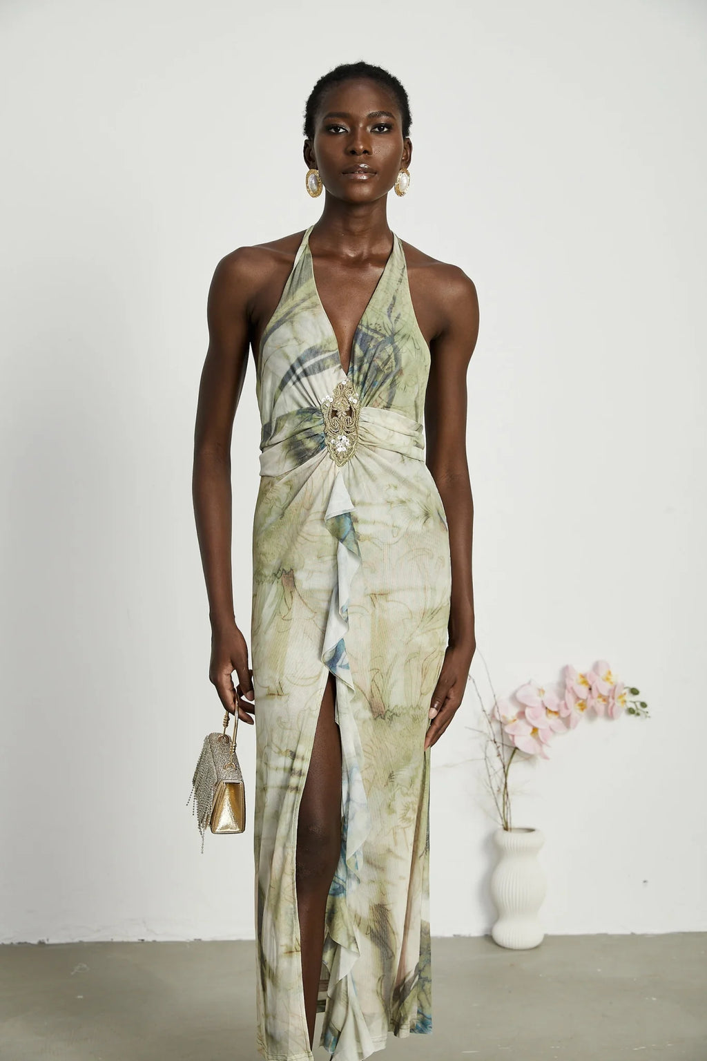 Luisa Midi Dress Green Ombre Halterneck Open Back Ruffled Trim