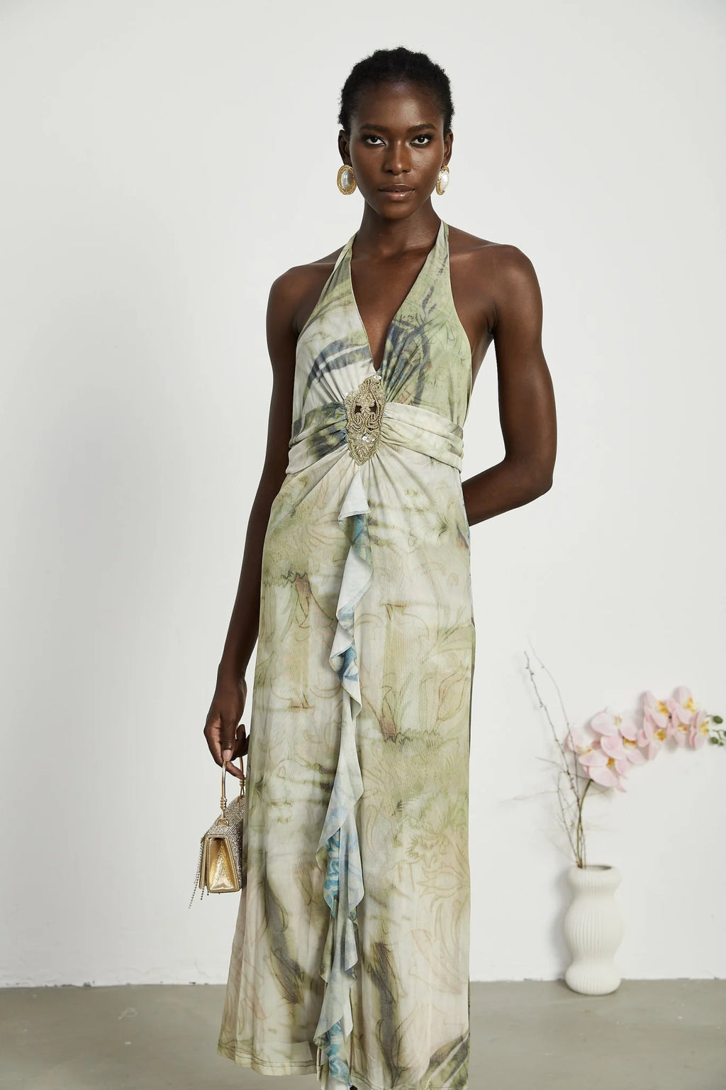 Luisa Midi Dress Green Ombre Halterneck Open Back Ruffled Trim