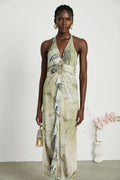 Luisa Midi Dress Green Ombre Halterneck Open Back Ruffled Trim
