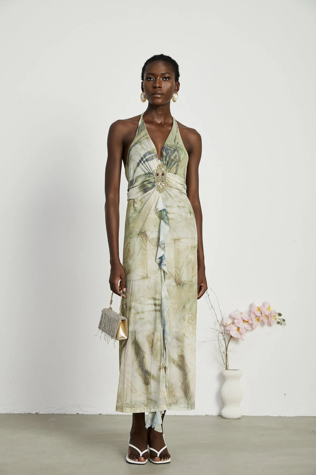 Luisa Midi Dress Green Ombre Halterneck Open Back Ruffled Trim