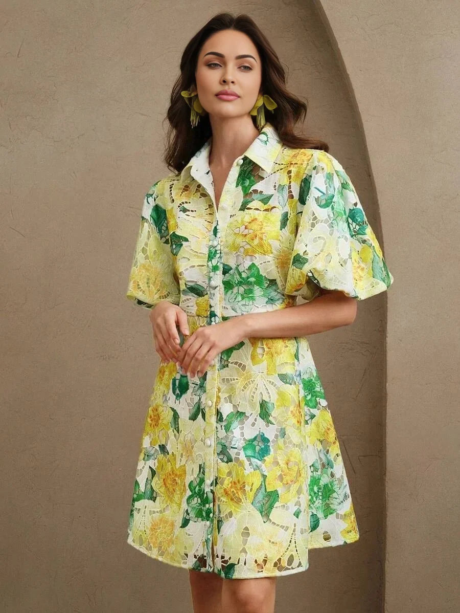 Luisa Midi Dress - Puff Sleeve - High Waist - Button Detail - Floral Print - Casual Style