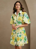 Luisa Midi Dress - Puff Sleeve - High Waist - Button Detail - Floral Print - Casual Style