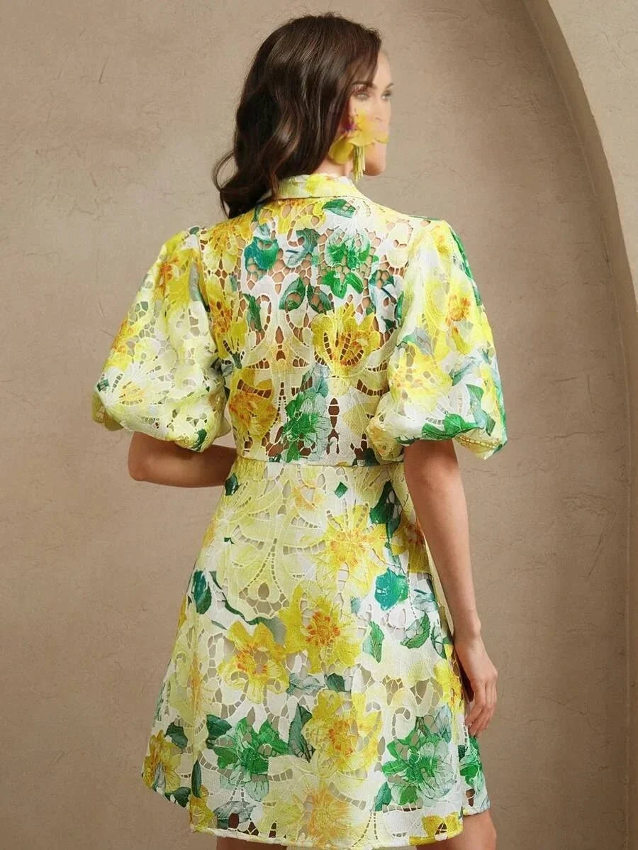 Luisa Midi Dress - Puff Sleeve - High Waist - Button Detail - Floral Print - Casual Style