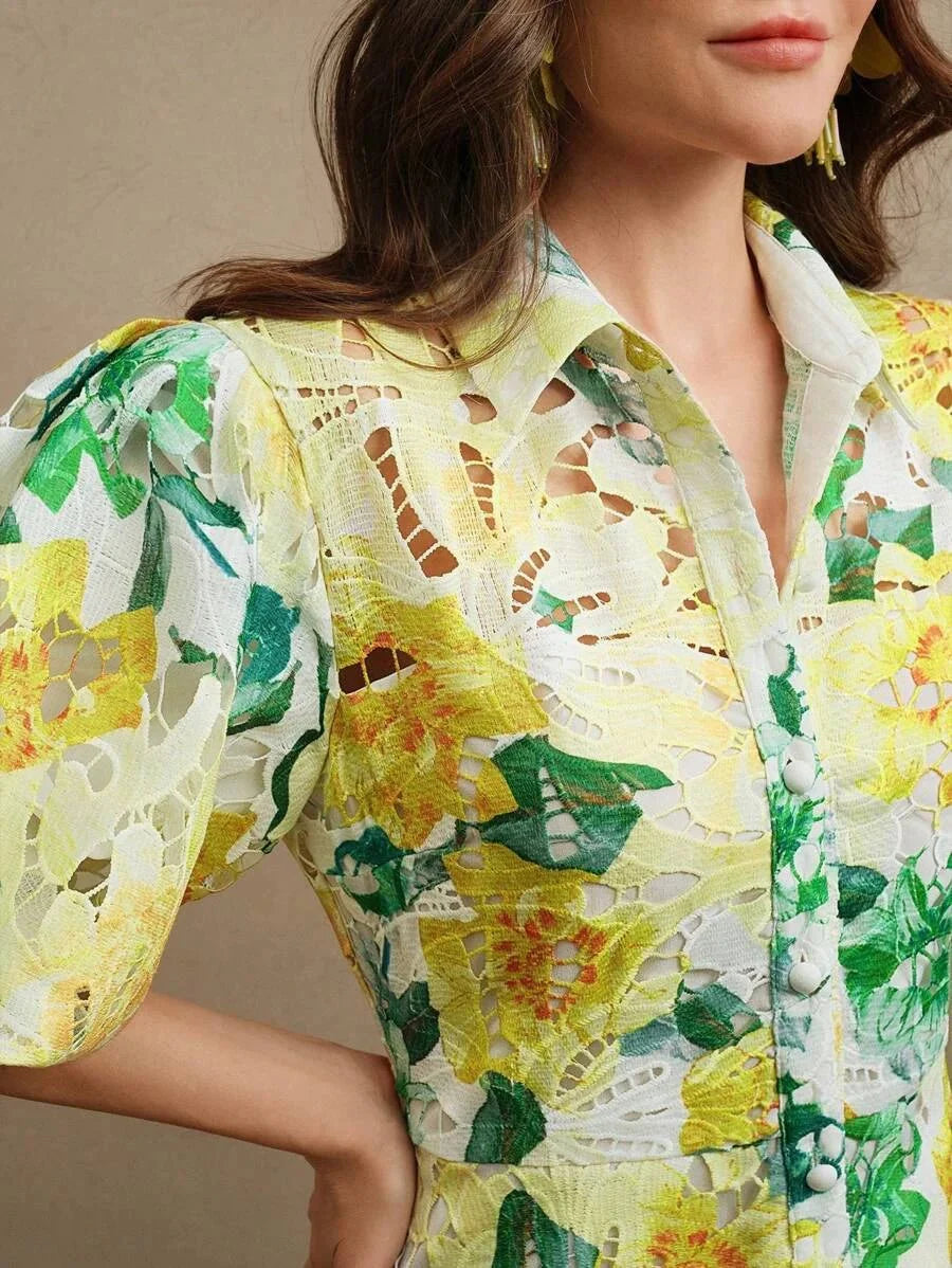 Luisa Midi Dress - Puff Sleeve - High Waist - Button Detail - Floral Print - Casual Style