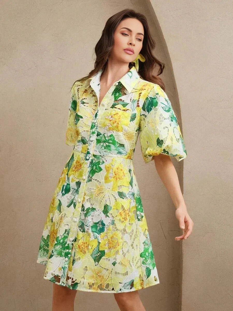 Luisa Midi Dress - Puff Sleeve - High Waist - Button Detail - Floral Print - Casual Style