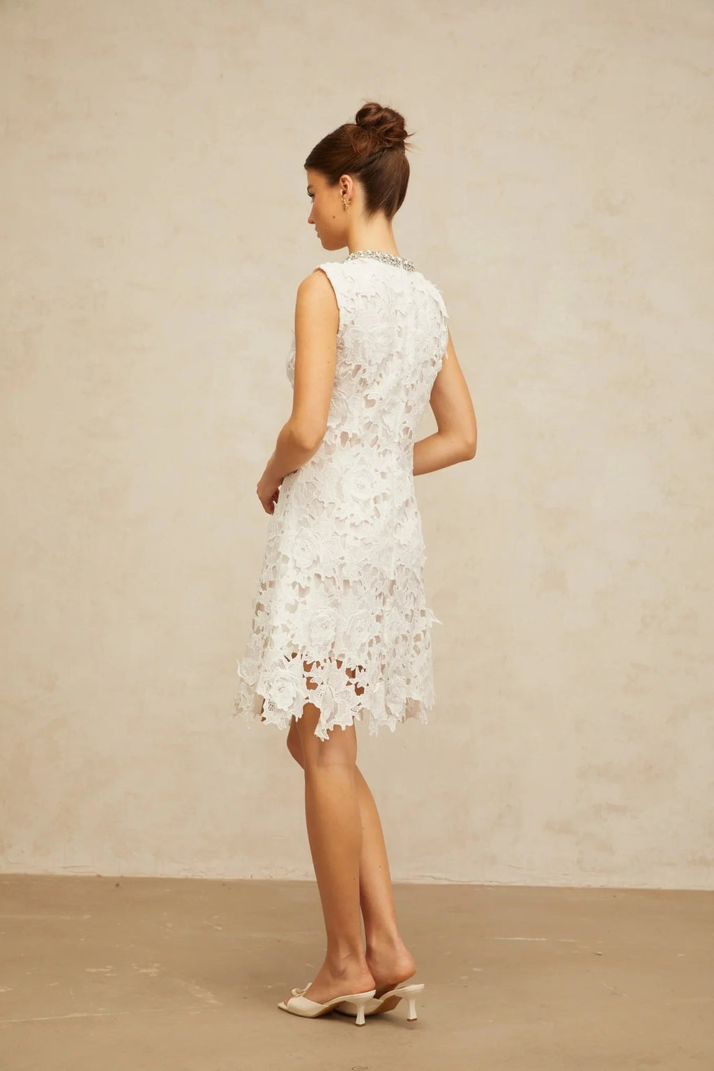 Luisa Mini Dress White Lace Embellished Scallop Hem & Crystal Detail