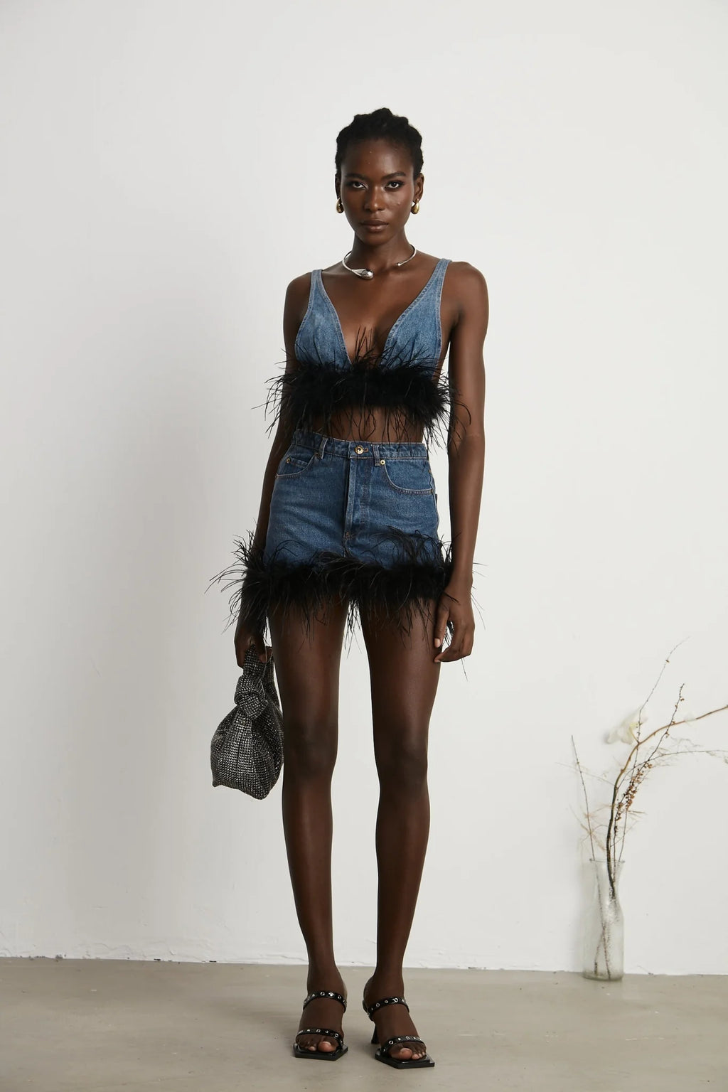 Luna Feather - Trimmed Cropped Top and Denim Skirt Set
