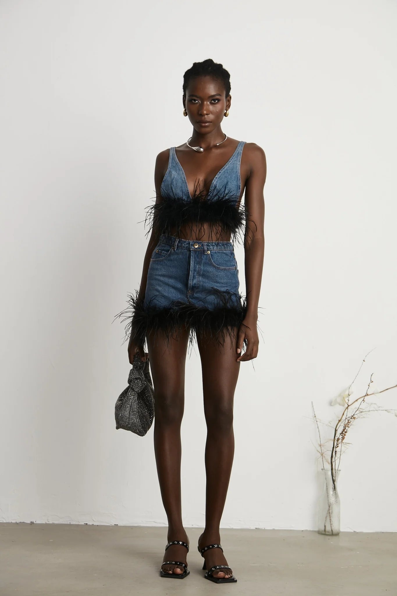 Luna Feather - Trimmed Cropped Top and Denim Skirt Set