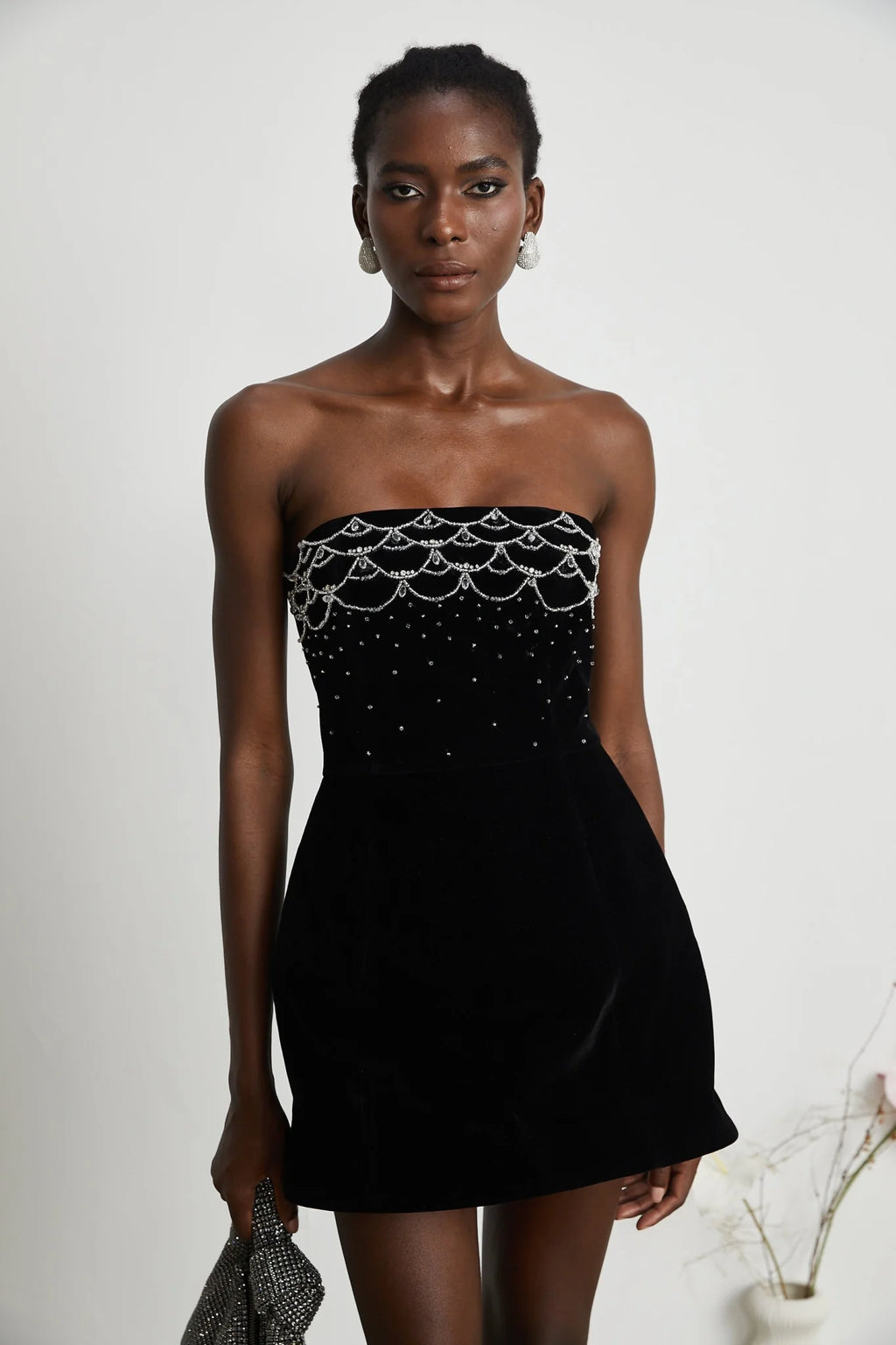 Lylah Mini Dress Black Velvet Offthe Shoulder Crystal Embellished