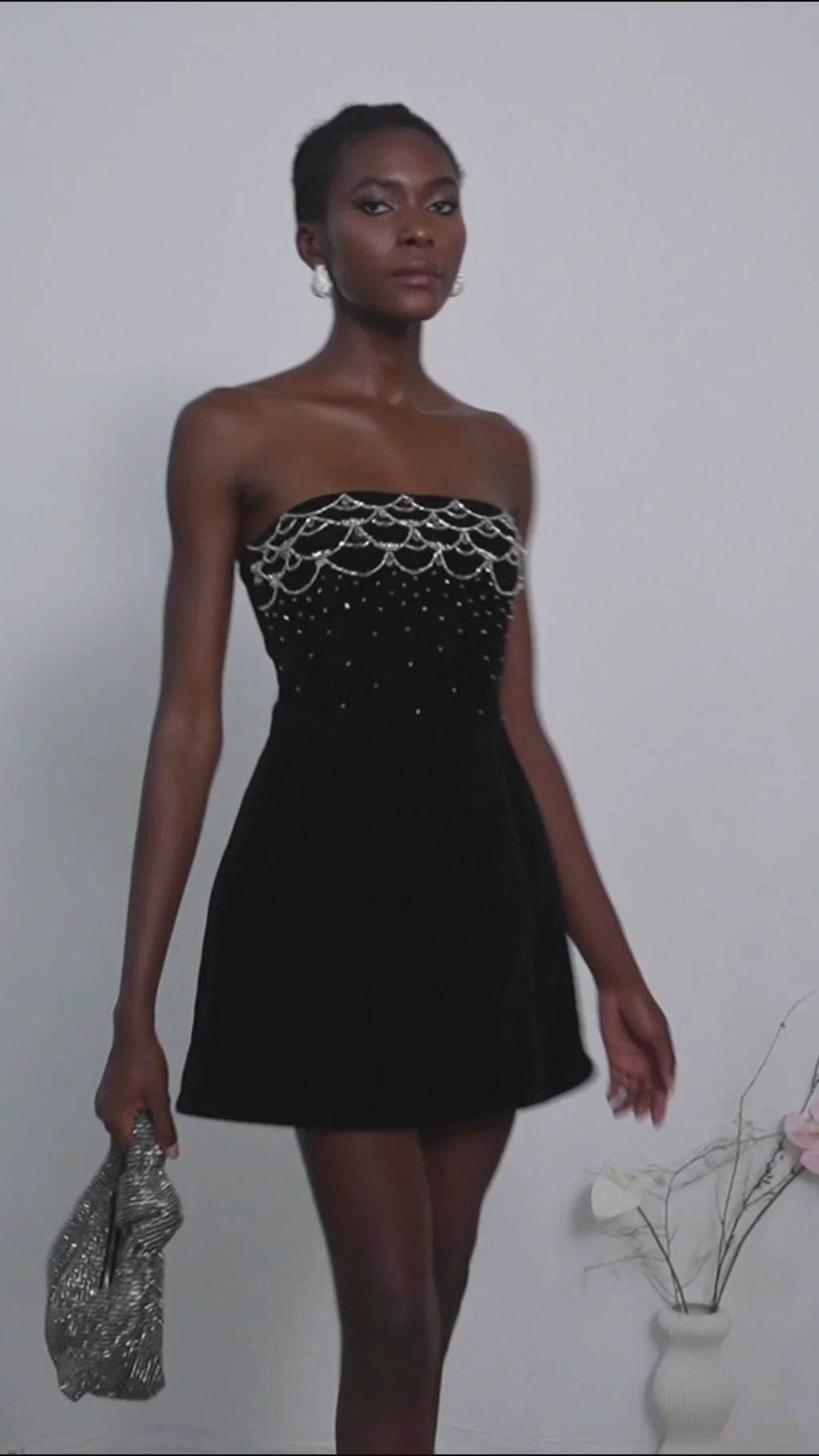 Lylah Mini Dress Black Velvet Offthe Shoulder Crystal Embellished