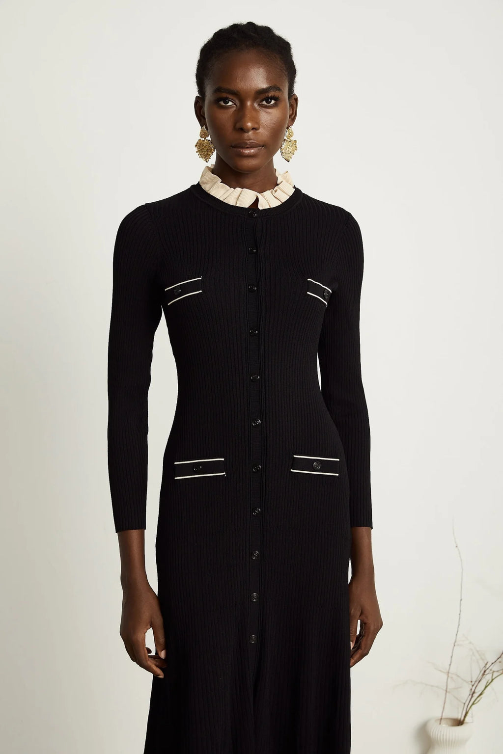 Mabel Midi Dress Black Knit Ruffled Neck Pockets ALine