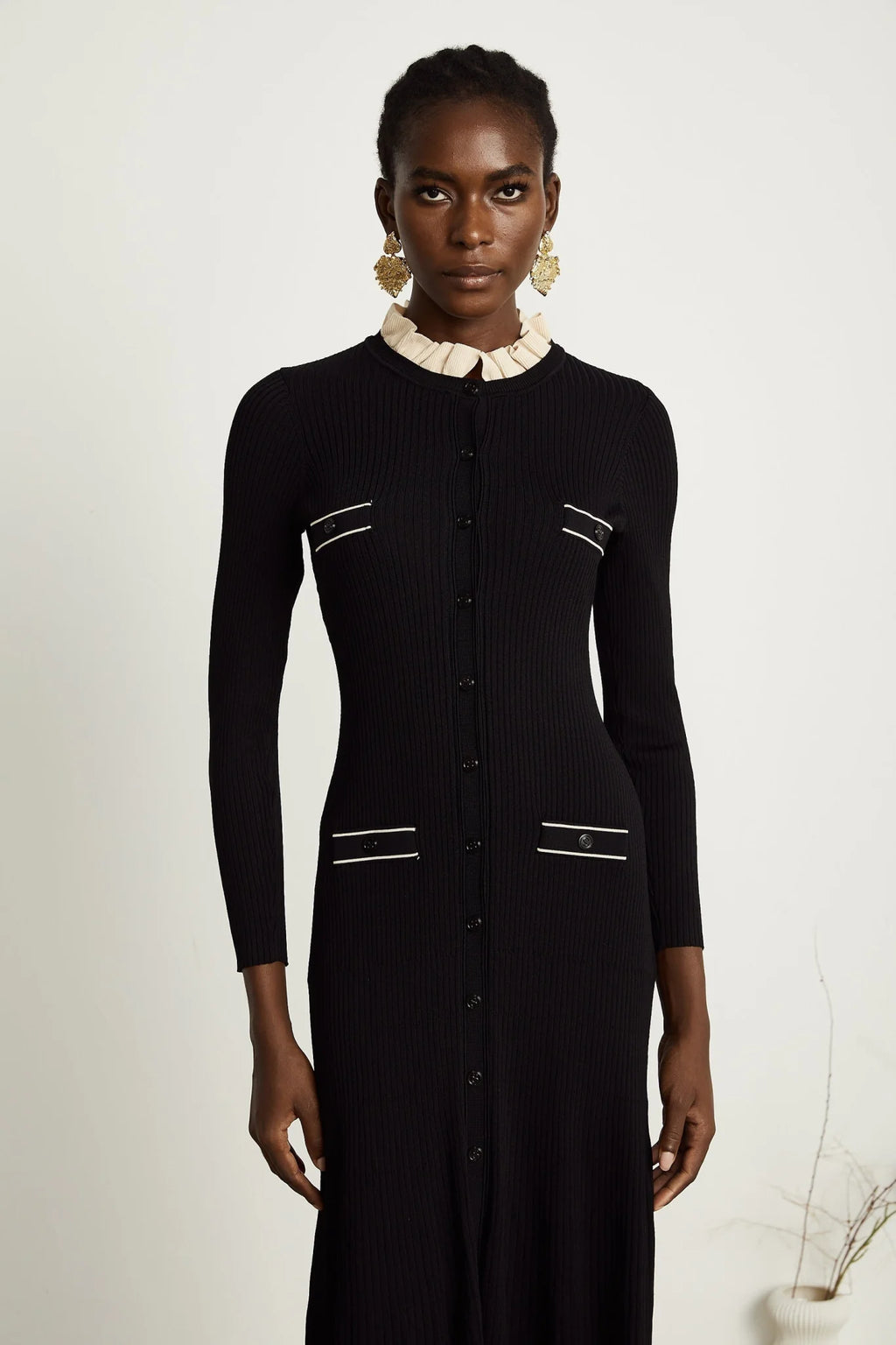 Mabel Midi Dress Black Knit Ruffled Neck Pockets ALine