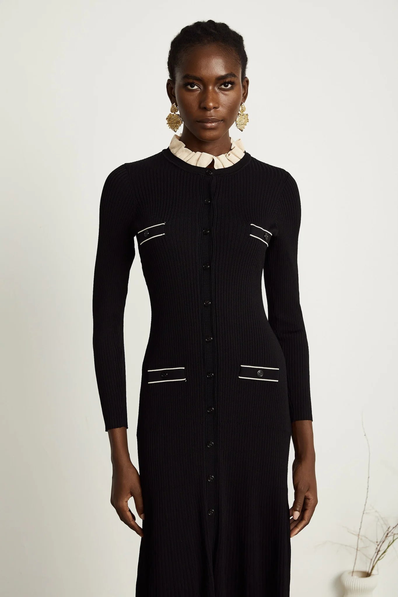 Mabel Midi Dress Black Knit Ruffled Neck Pockets ALine