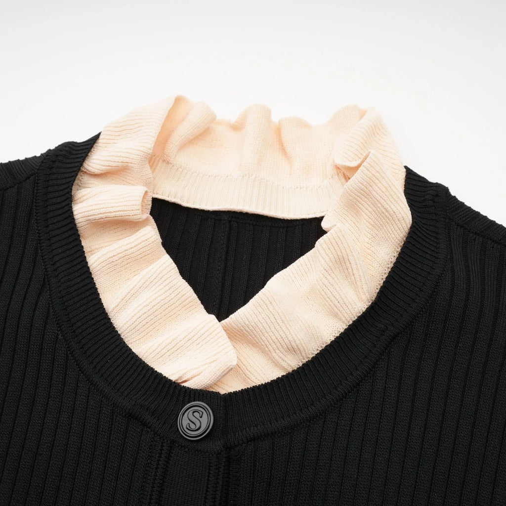Mabel Midi Dress Black Knit Ruffled Neck Pockets ALine