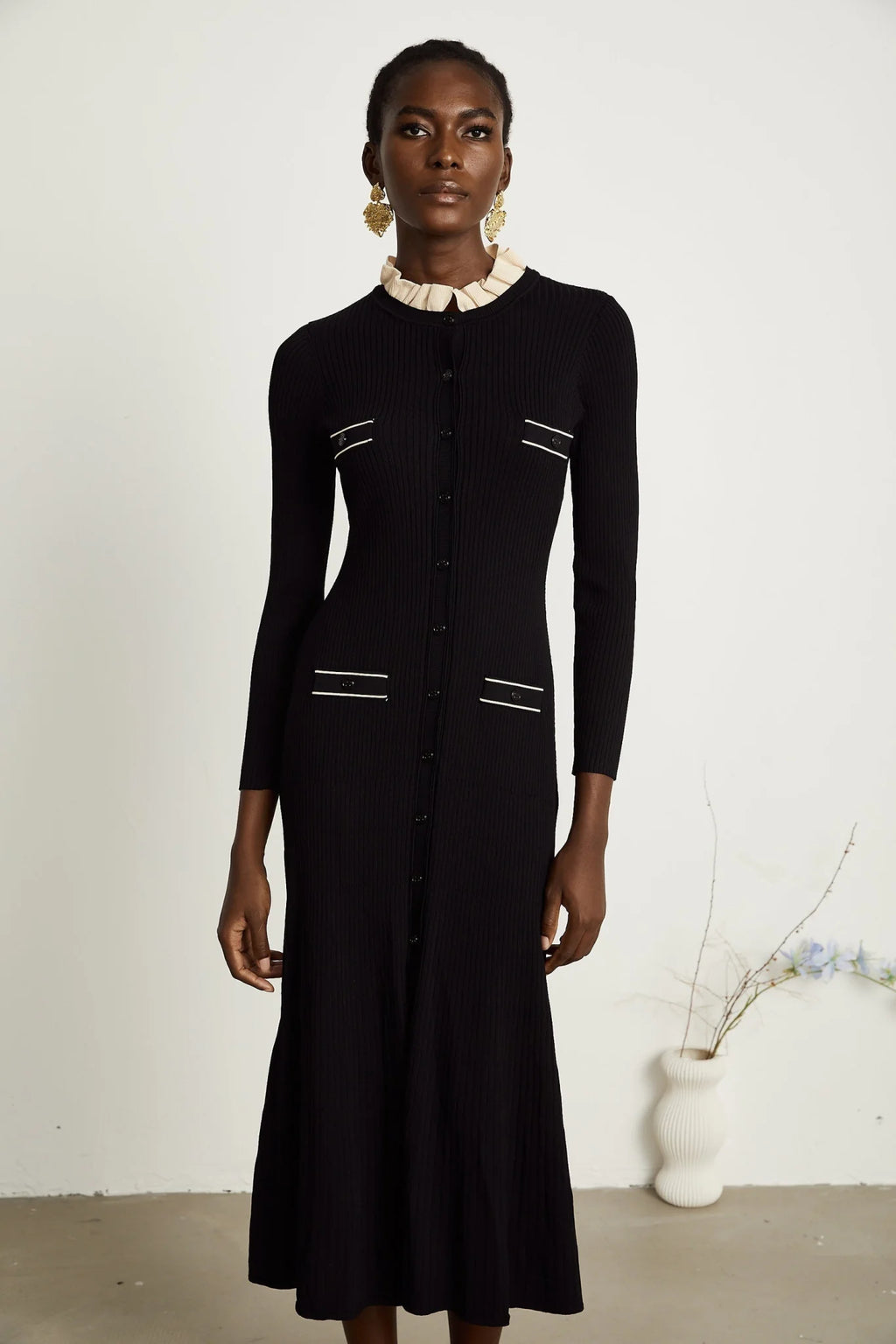 Mabel Midi Dress Black Knit Ruffled Neck Pockets ALine