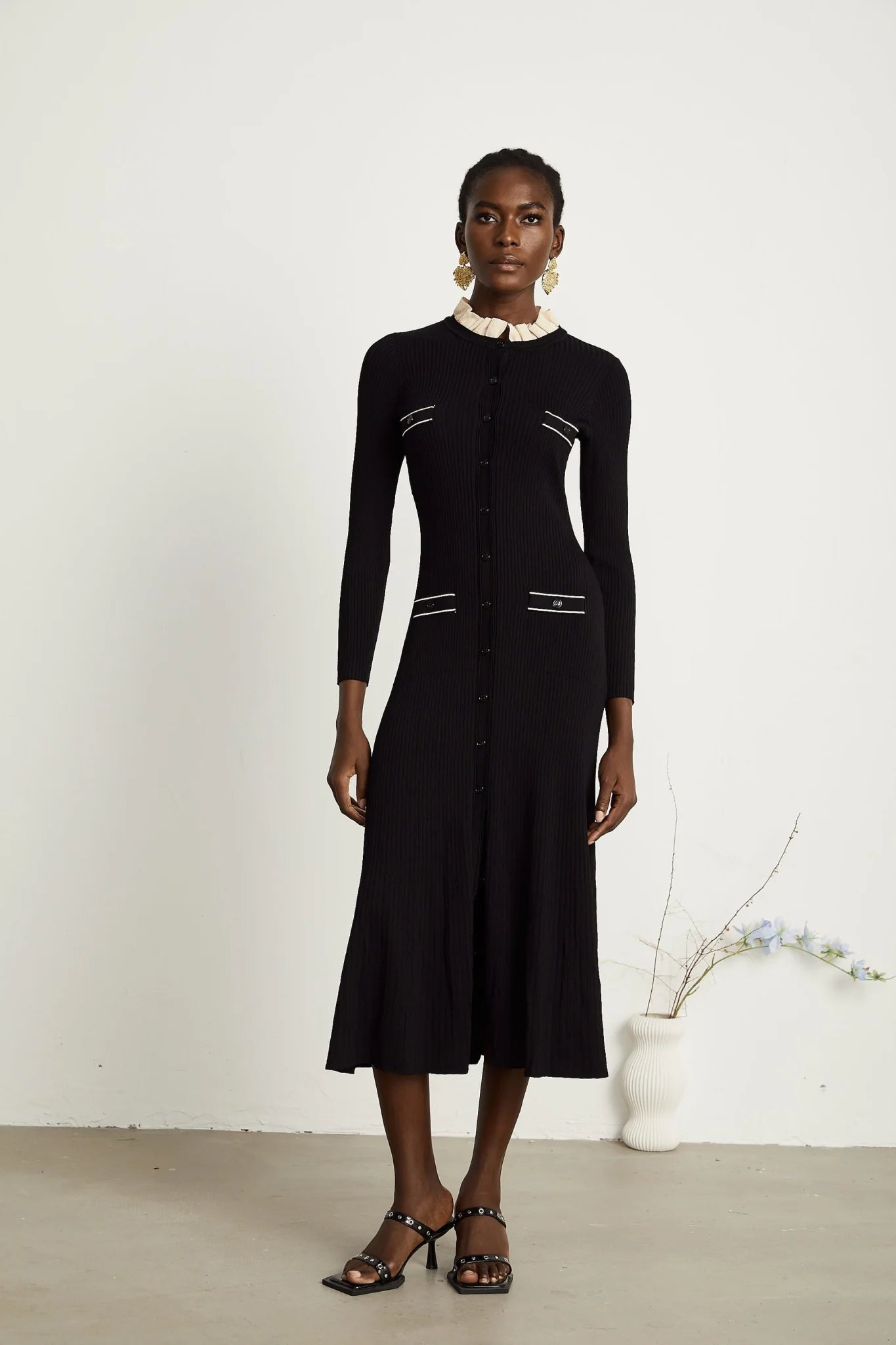 Mabel Midi Dress Black Knit Ruffled Neck Pockets ALine