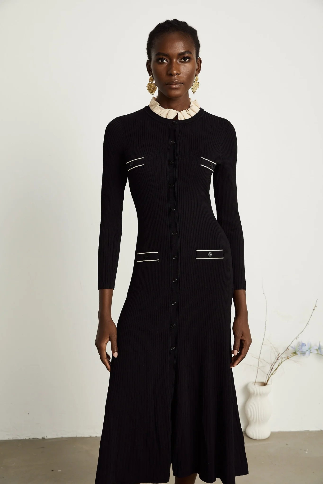Mabel Midi Dress Black Knit Ruffled Neck Pockets ALine