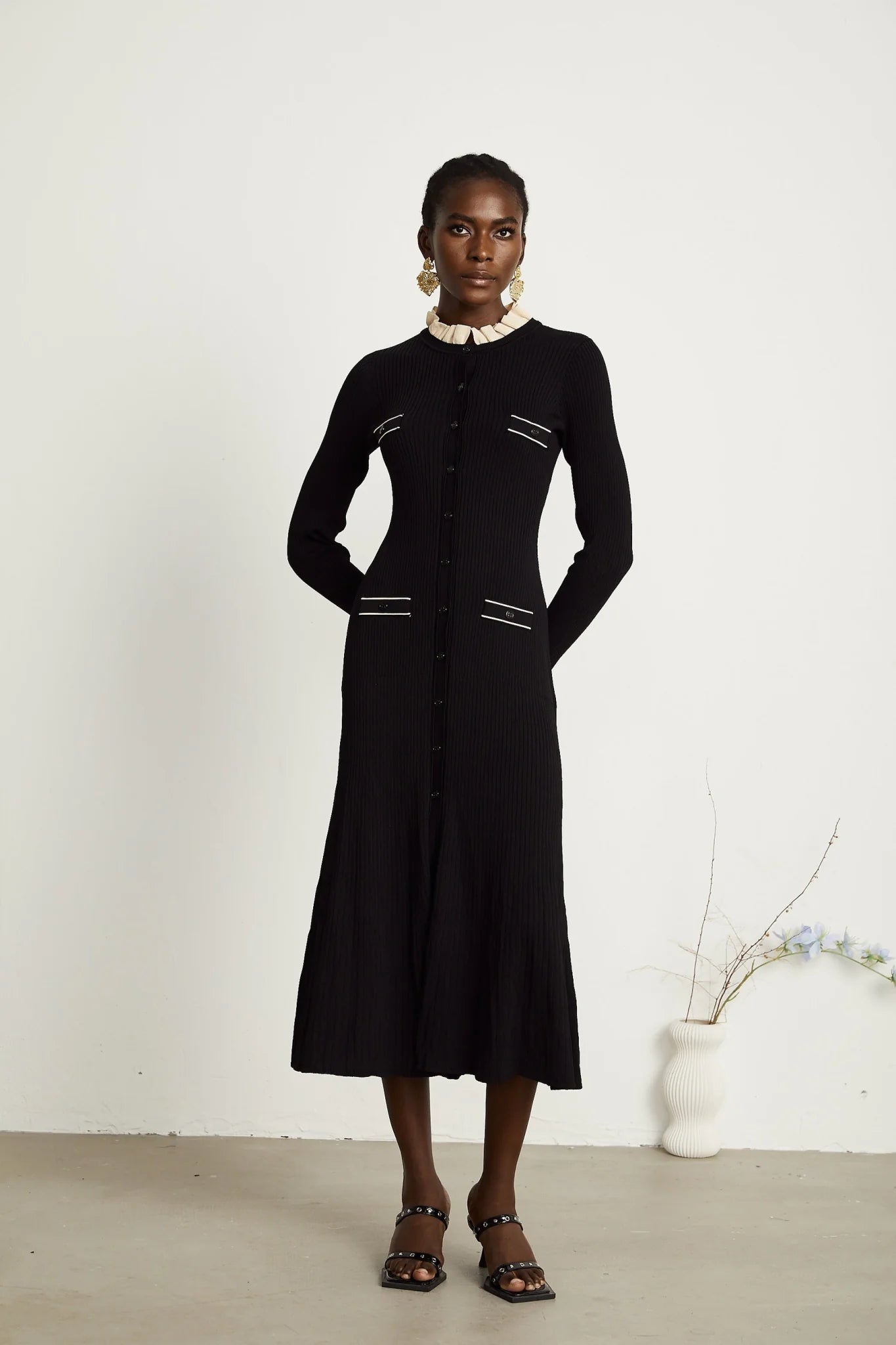 Mabel Midi Dress Black Knit Ruffled Neck Pockets ALine