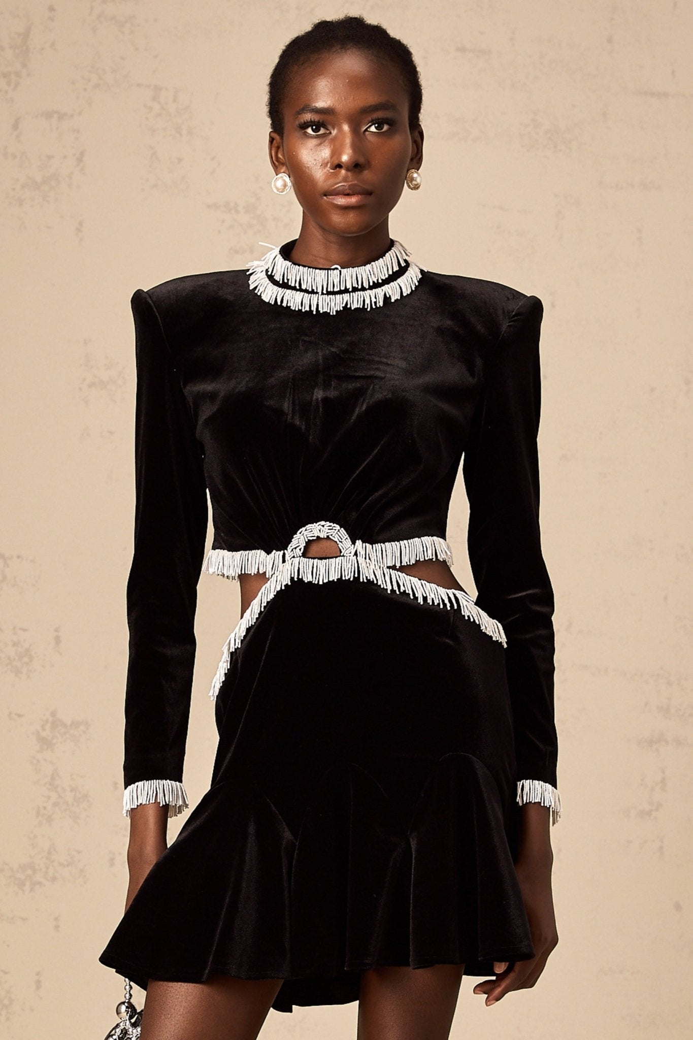Mabel Mini Dress Black Velvet Beaded Fringed Flare