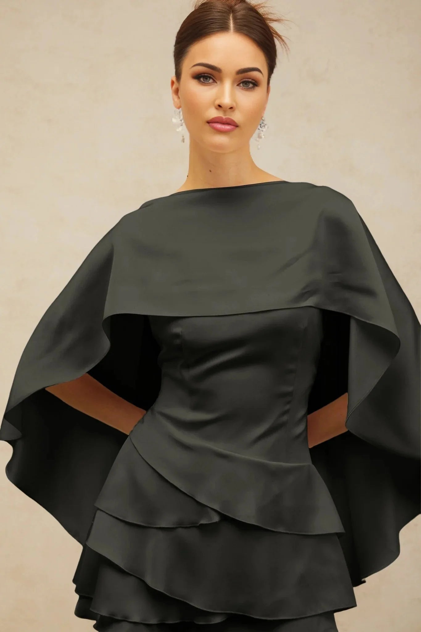 Mabel Mini Dress Satin Ruffled Shawl Panel Black Thigh - Length