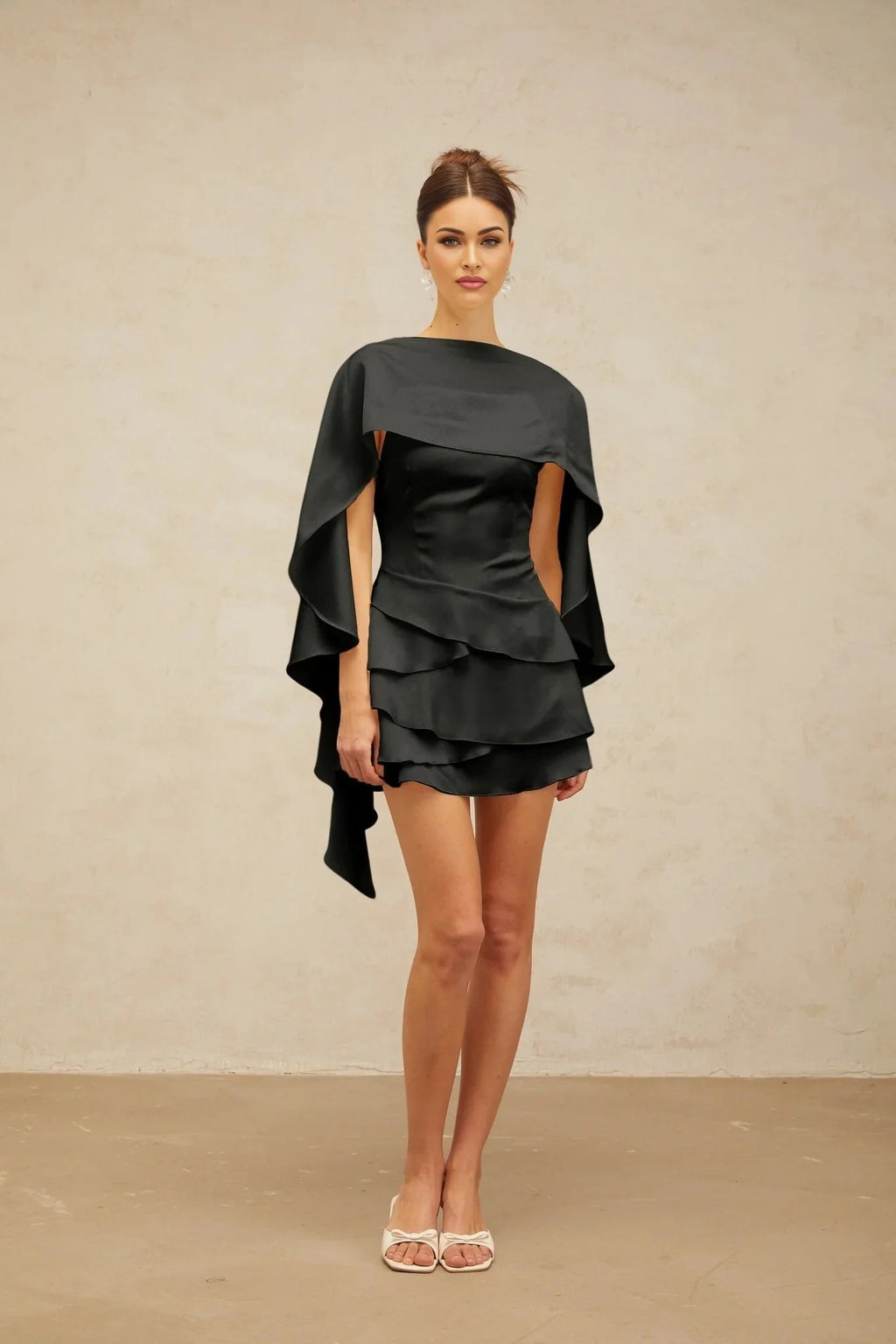 Mabel Mini Dress Satin Ruffled Shawl Panel Black Thigh - Length