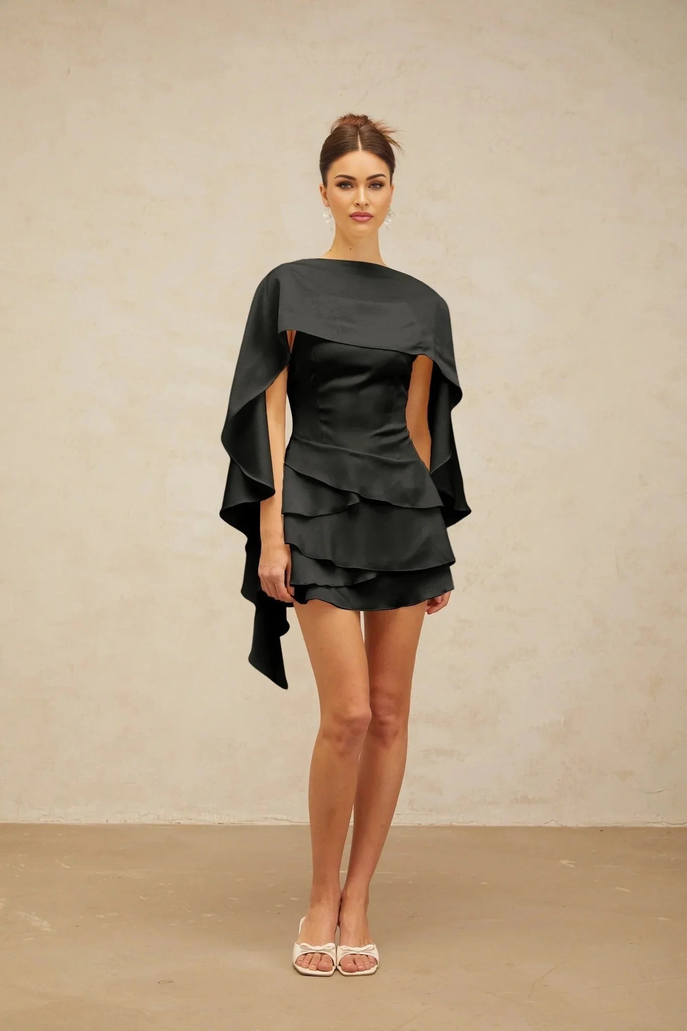 Mabel Mini Dress Satin Ruffled Shawl Panel Black Thigh - Length