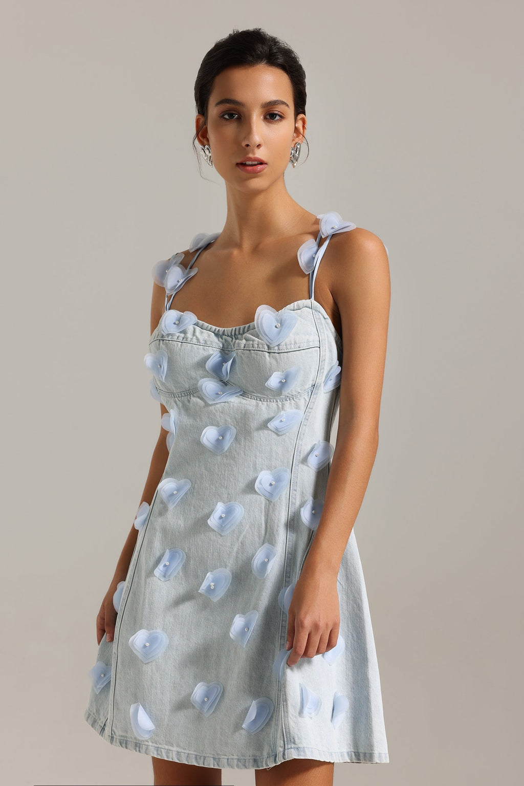 Mackenzie Light Blue Denim Halter Mini Dress with Heart Appliqués