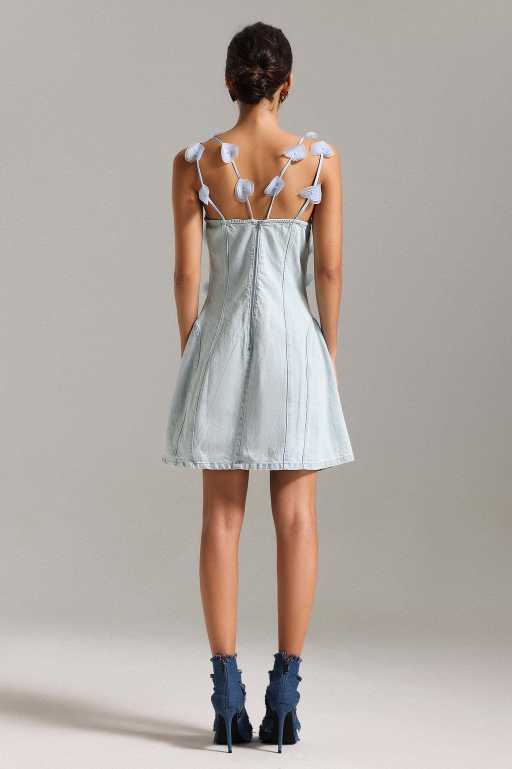 Mackenzie Light Blue Denim Halter Mini Dress with Heart Appliqués