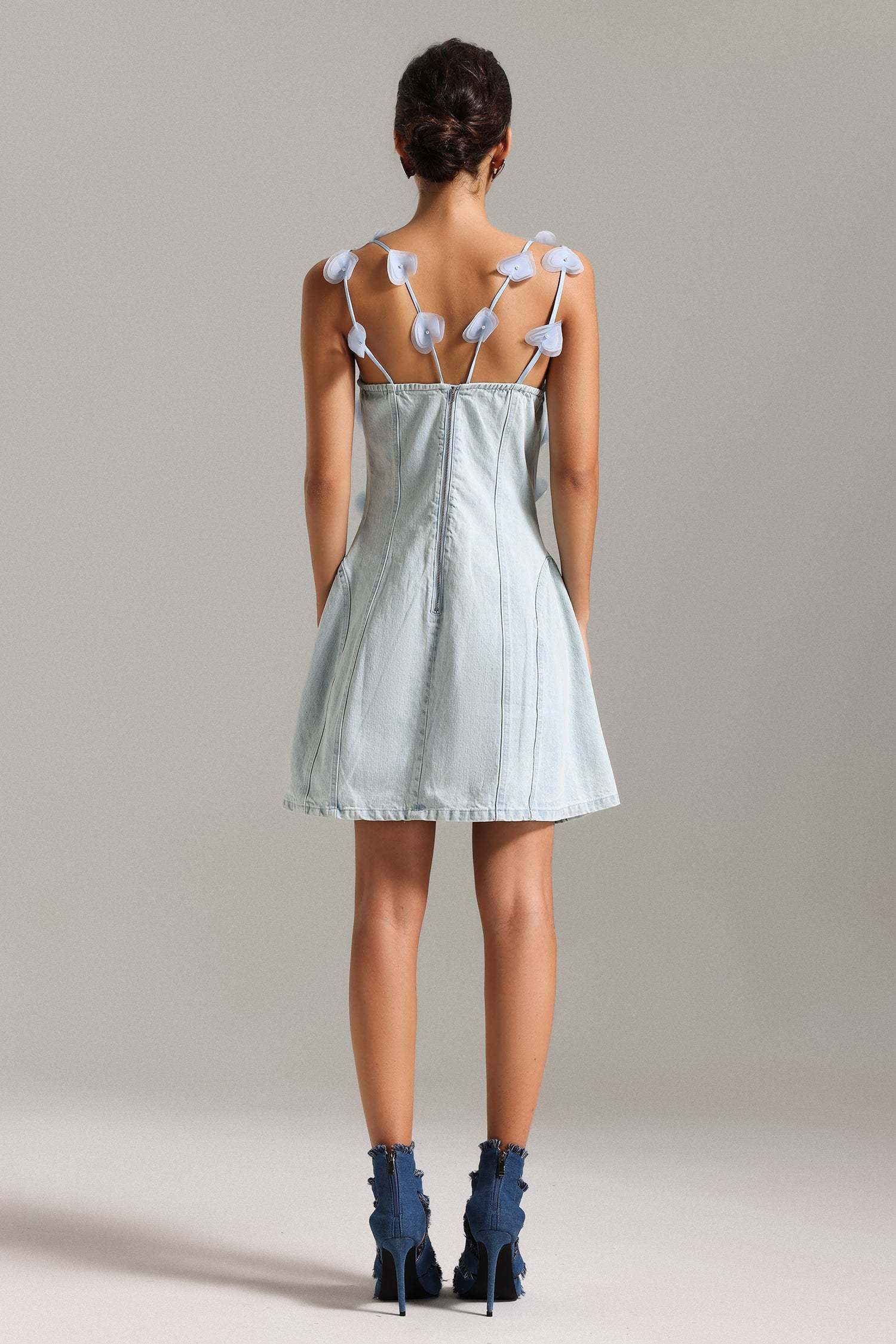 Mackenzie Light Blue Denim Halter Mini Dress with Heart Appliqués