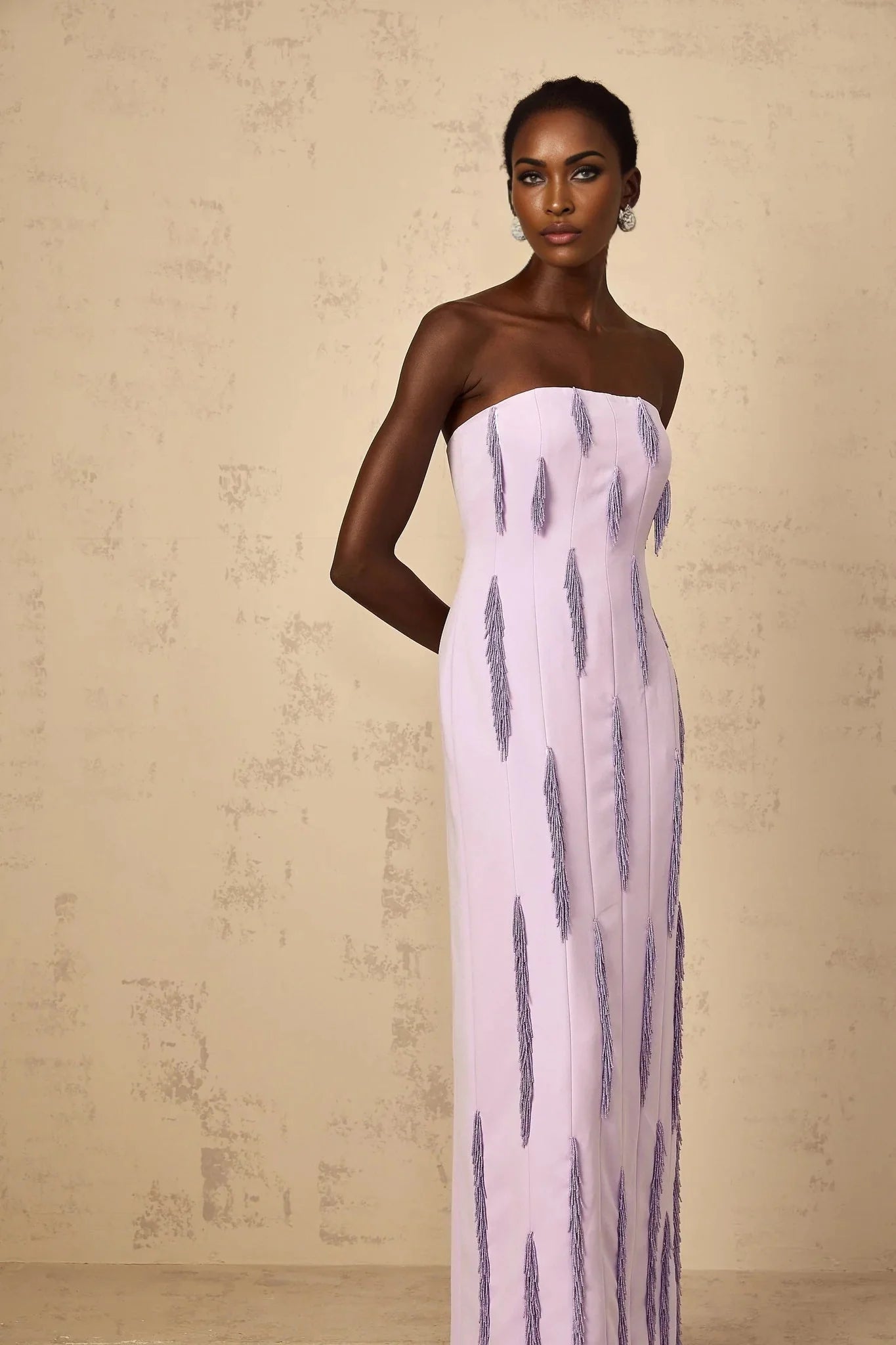 Mackenzie Maxi Dress Purple Beaded Fringe Detail & Back Slit