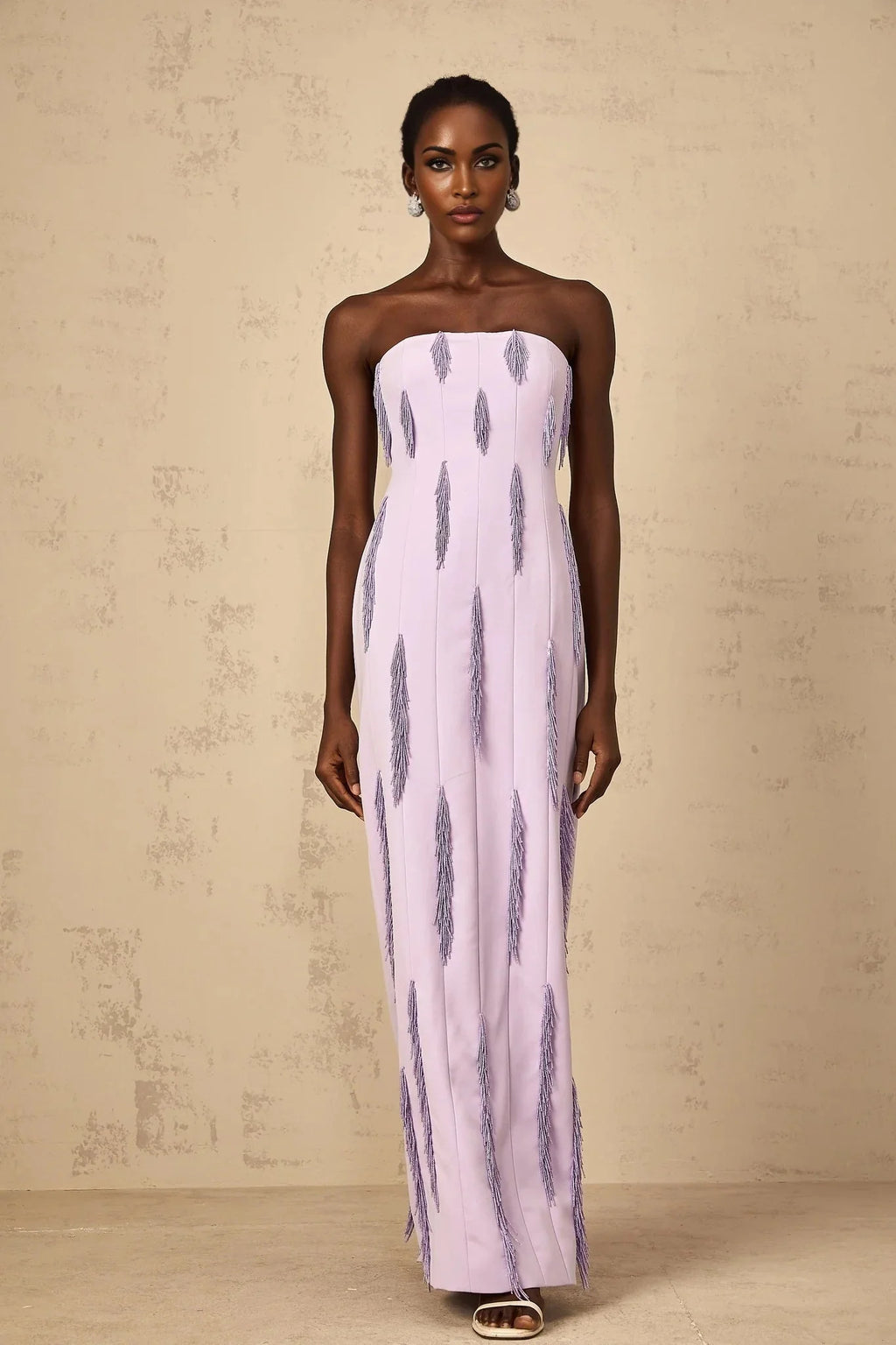 Mackenzie Maxi Dress Purple Beaded Fringe Detail & Back Slit