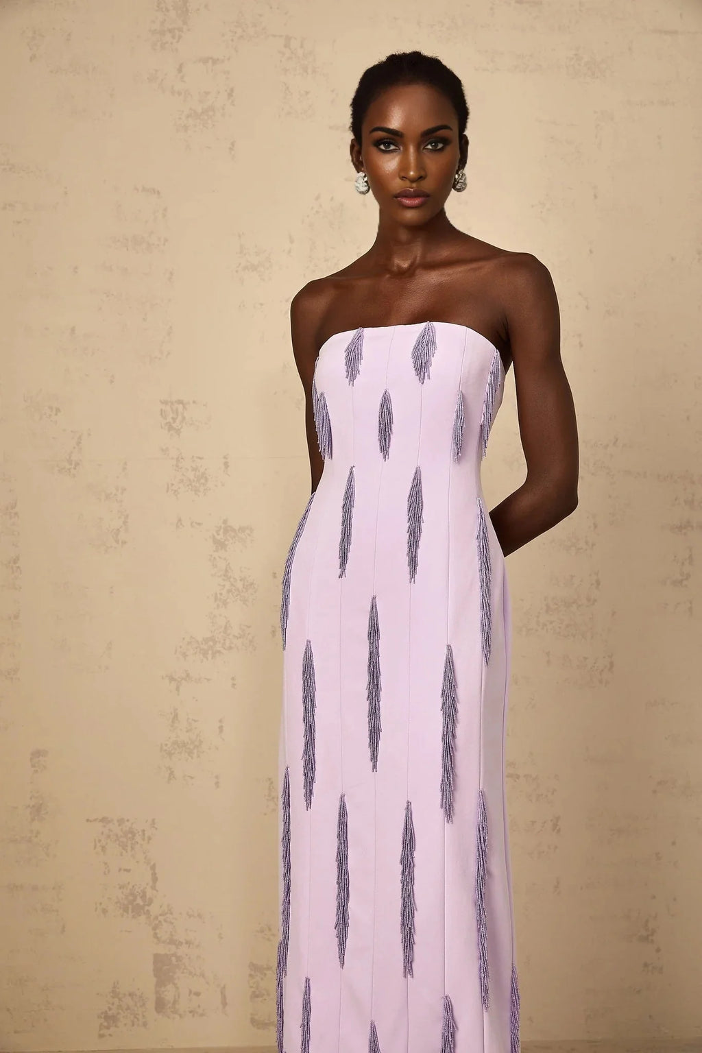Mackenzie Maxi Dress Purple Beaded Fringe Detail & Back Slit