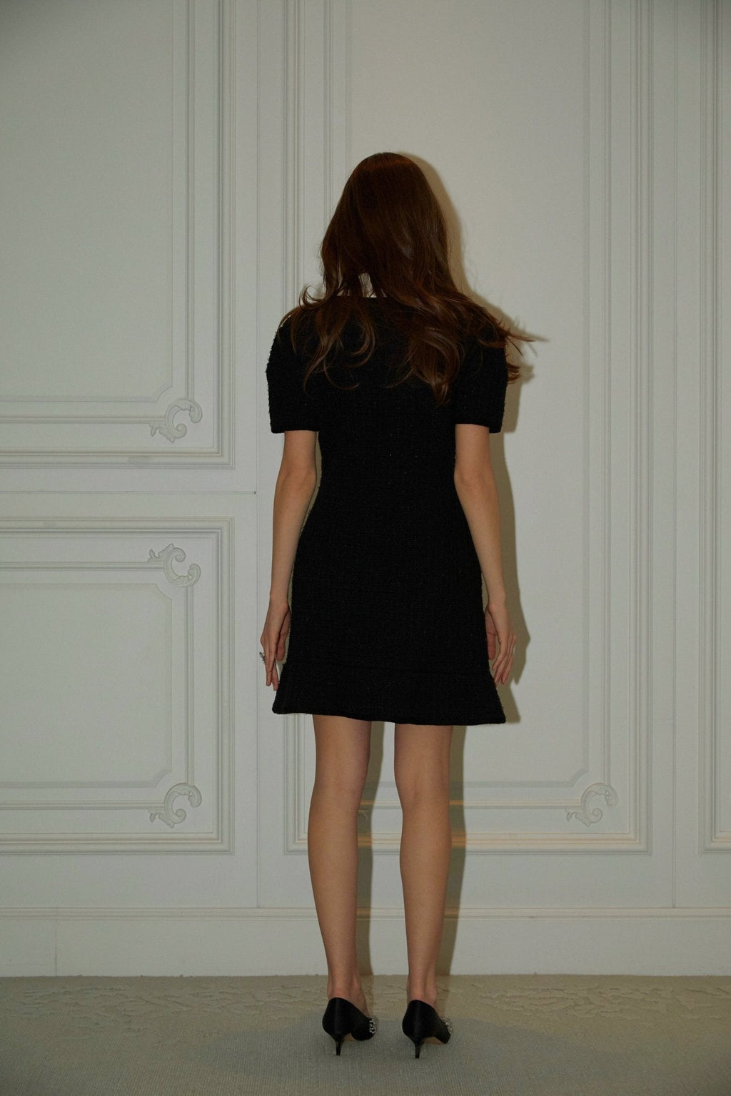 Mackenzie Mini Dress Black White Waffle Knit Bow Crystal Embellished