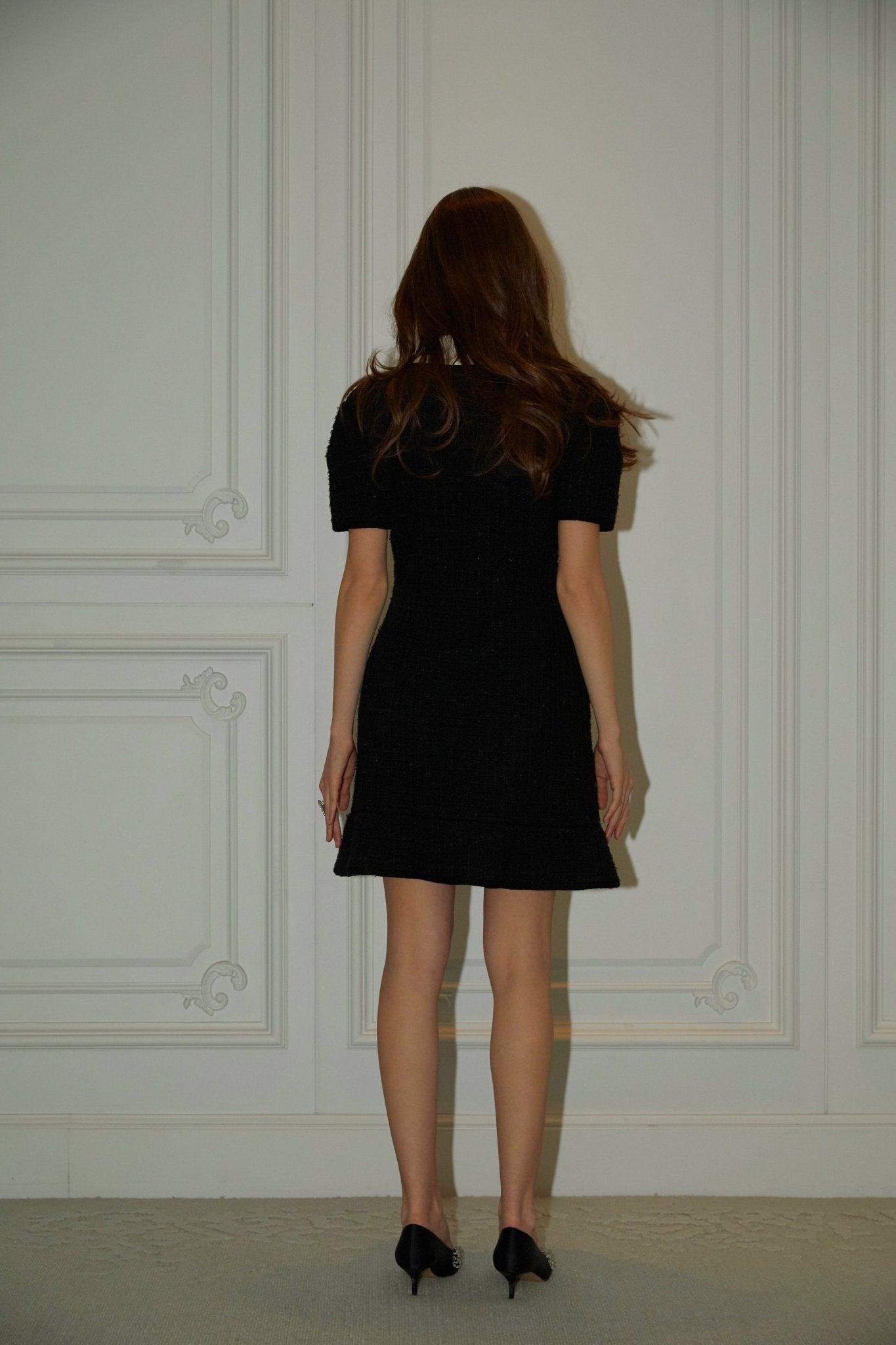 Mackenzie Mini Dress Black White Waffle Knit Bow Crystal Embellished