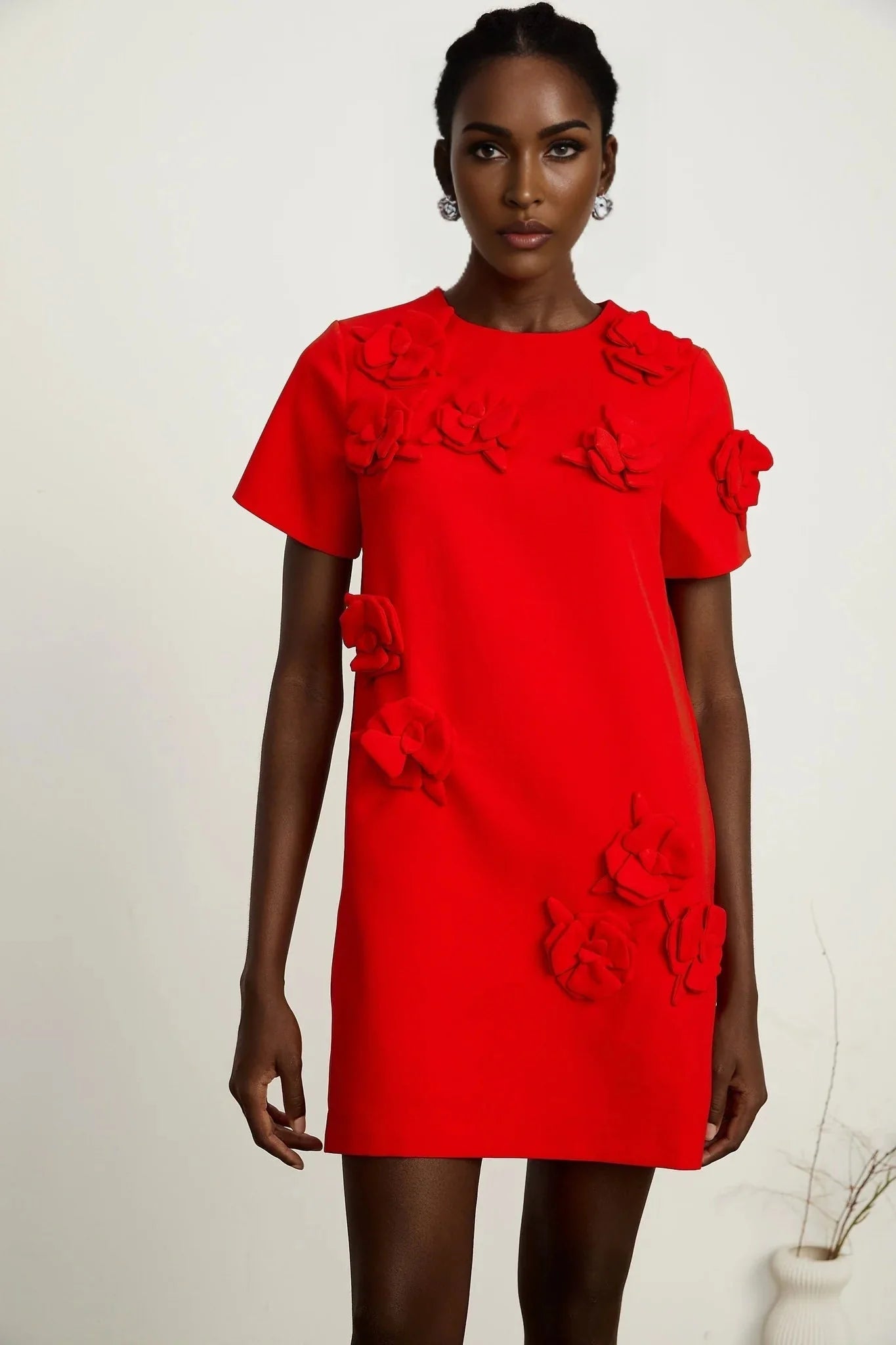 Mackenzie Mini Dress Red Floral Appliqu Short Sleeve Thigh Length