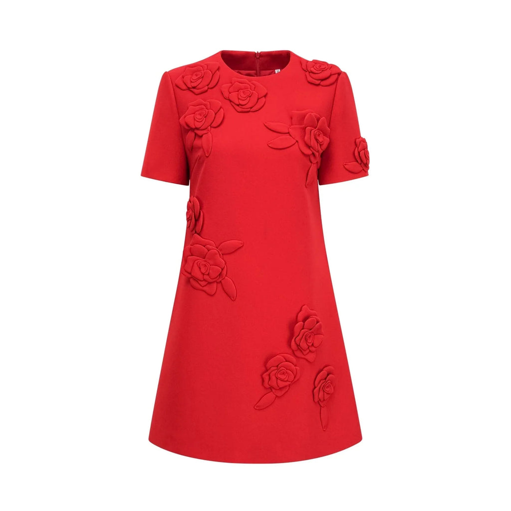 Mackenzie Mini Dress Red Floral Appliqu Short Sleeve Thigh Length