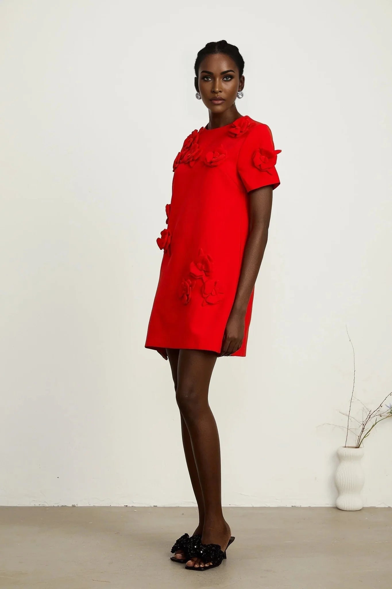 Mackenzie Mini Dress Red Floral Appliqu Short Sleeve Thigh Length