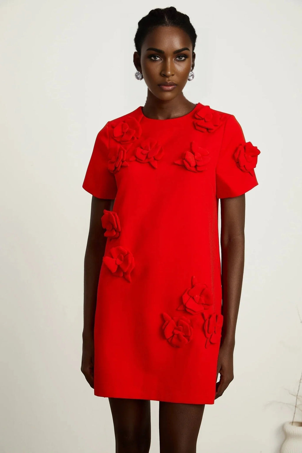 Mackenzie Mini Dress Red Floral Appliqu Short Sleeve Thigh Length