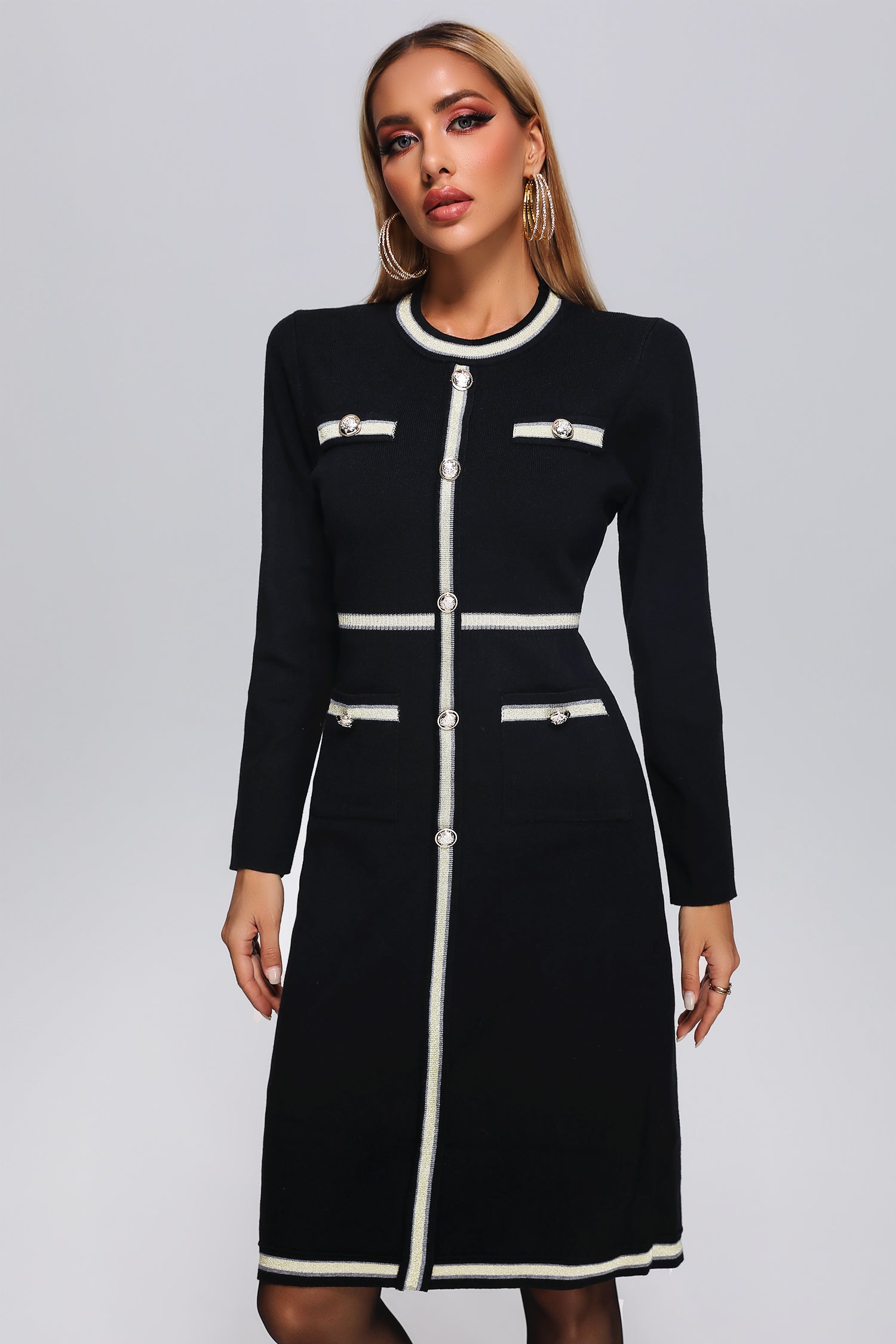 Macy Black Knit Midi Dress with Button Detailing and Trim