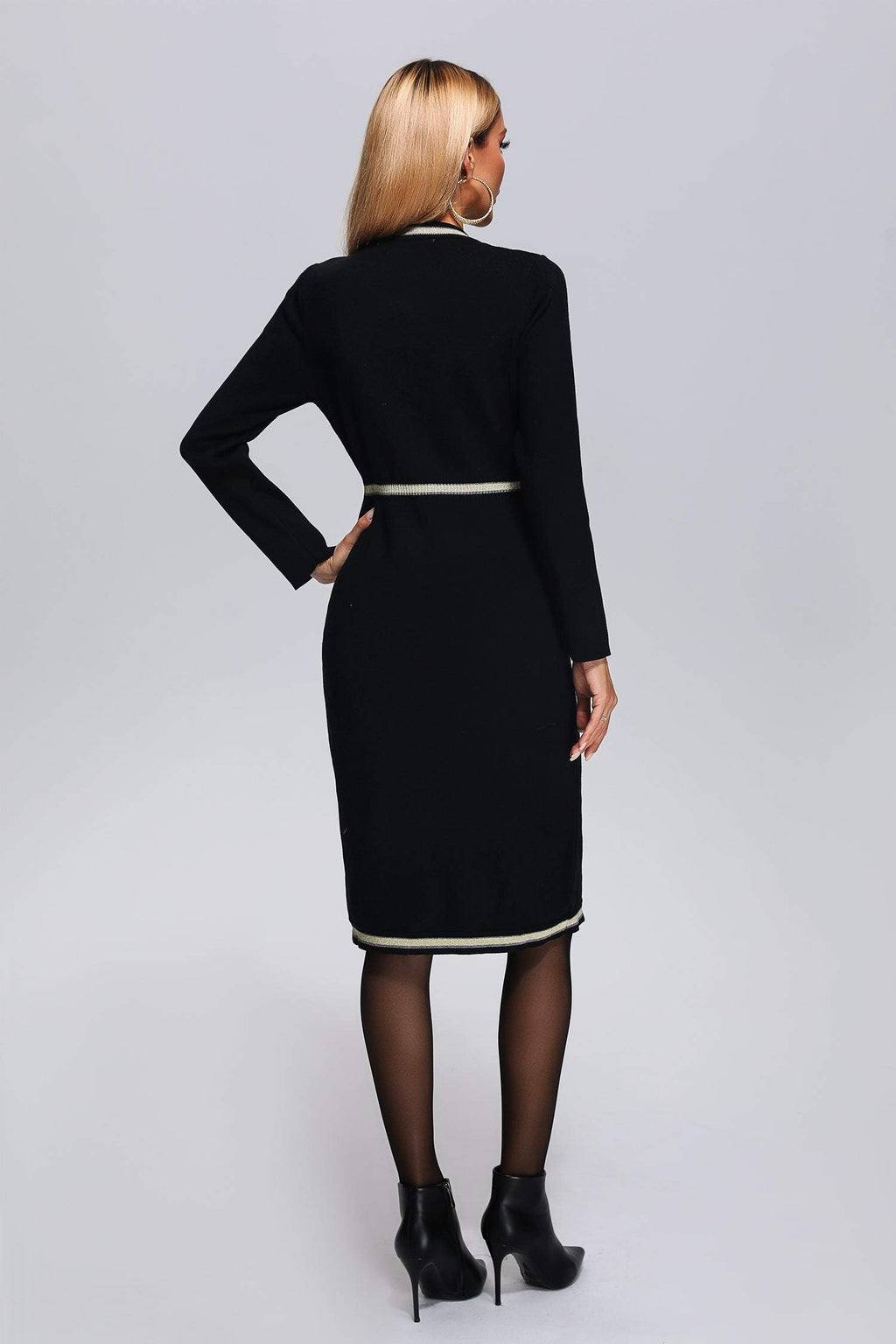 Macy Black Knit Midi Dress with Button Detailing and Trim