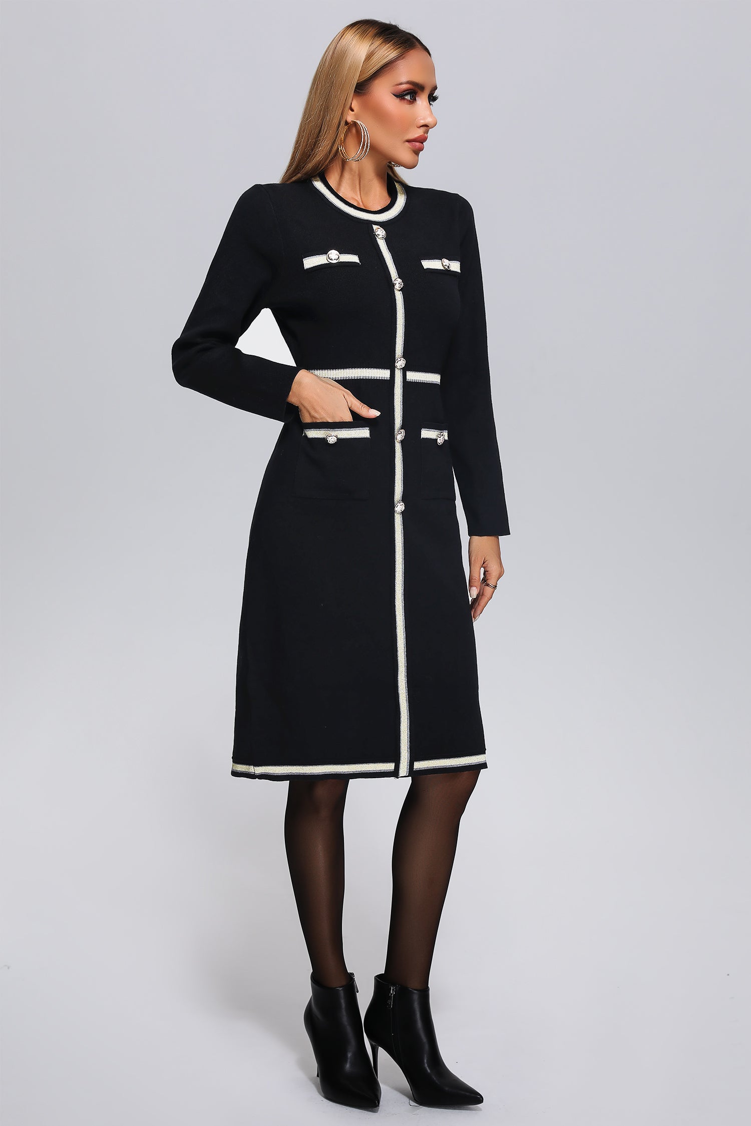 Macy Black Knit Midi Dress with Button Detailing