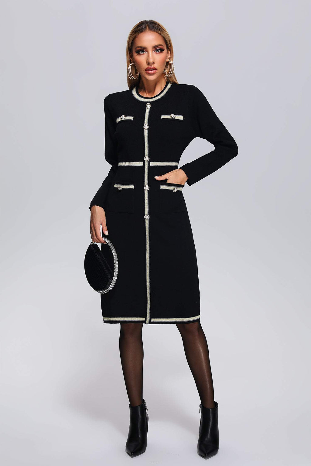 Macy Black Knit Midi Dress with Button Detailing and Trim