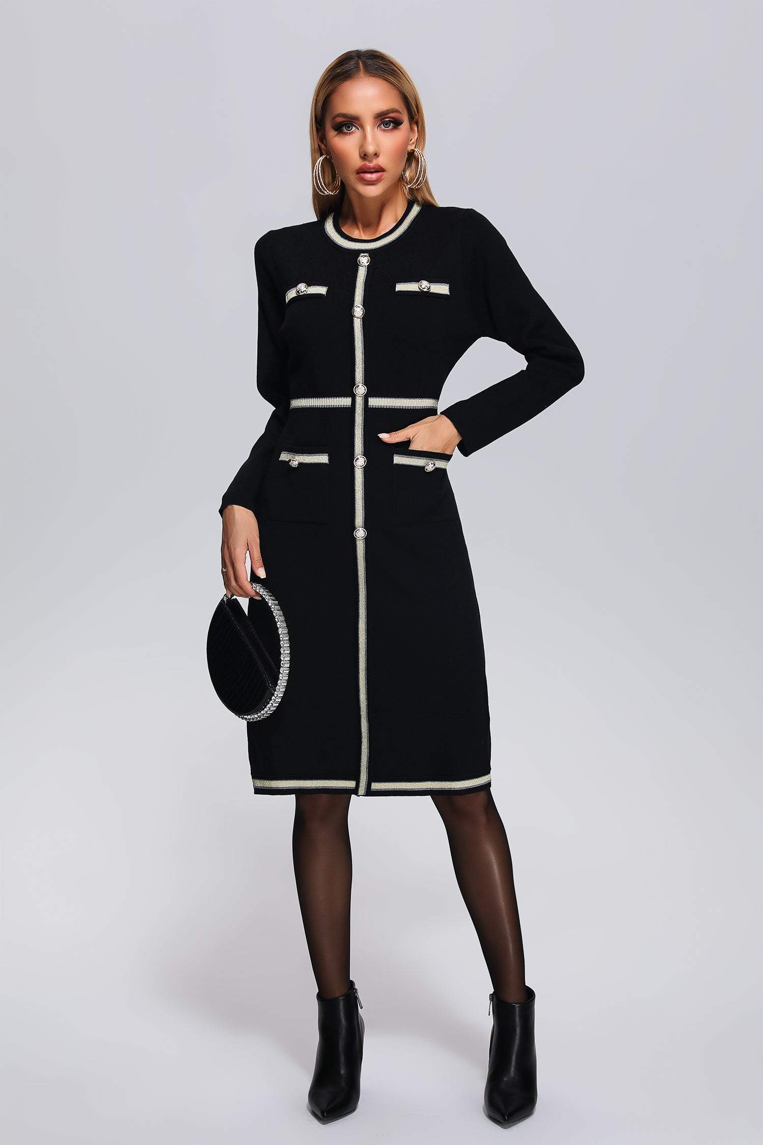 Macy Black Knit Midi Dress with Button Detailing and Trim