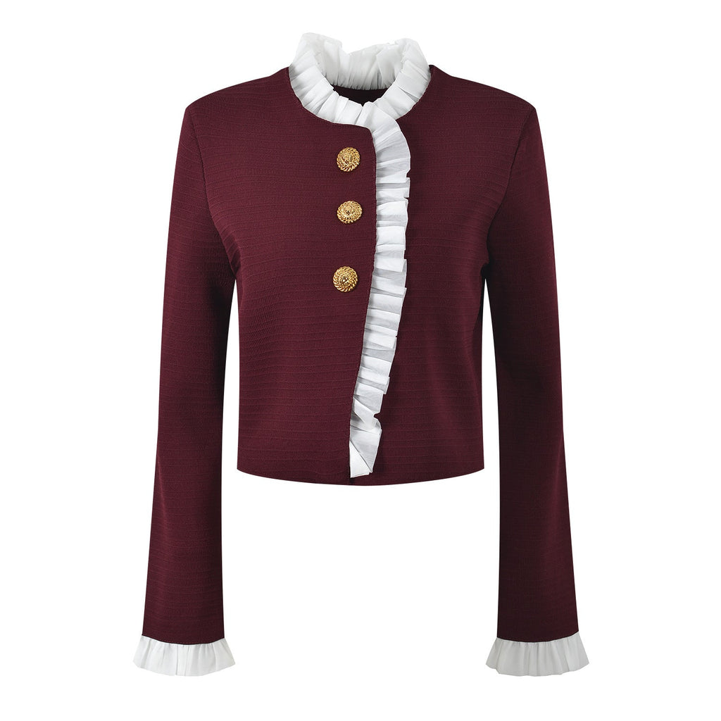 Macy Blouse - Cropped Tailored Silhouette - Ruffled Front Detail - Rich - Fitted Structure - Button Accents
