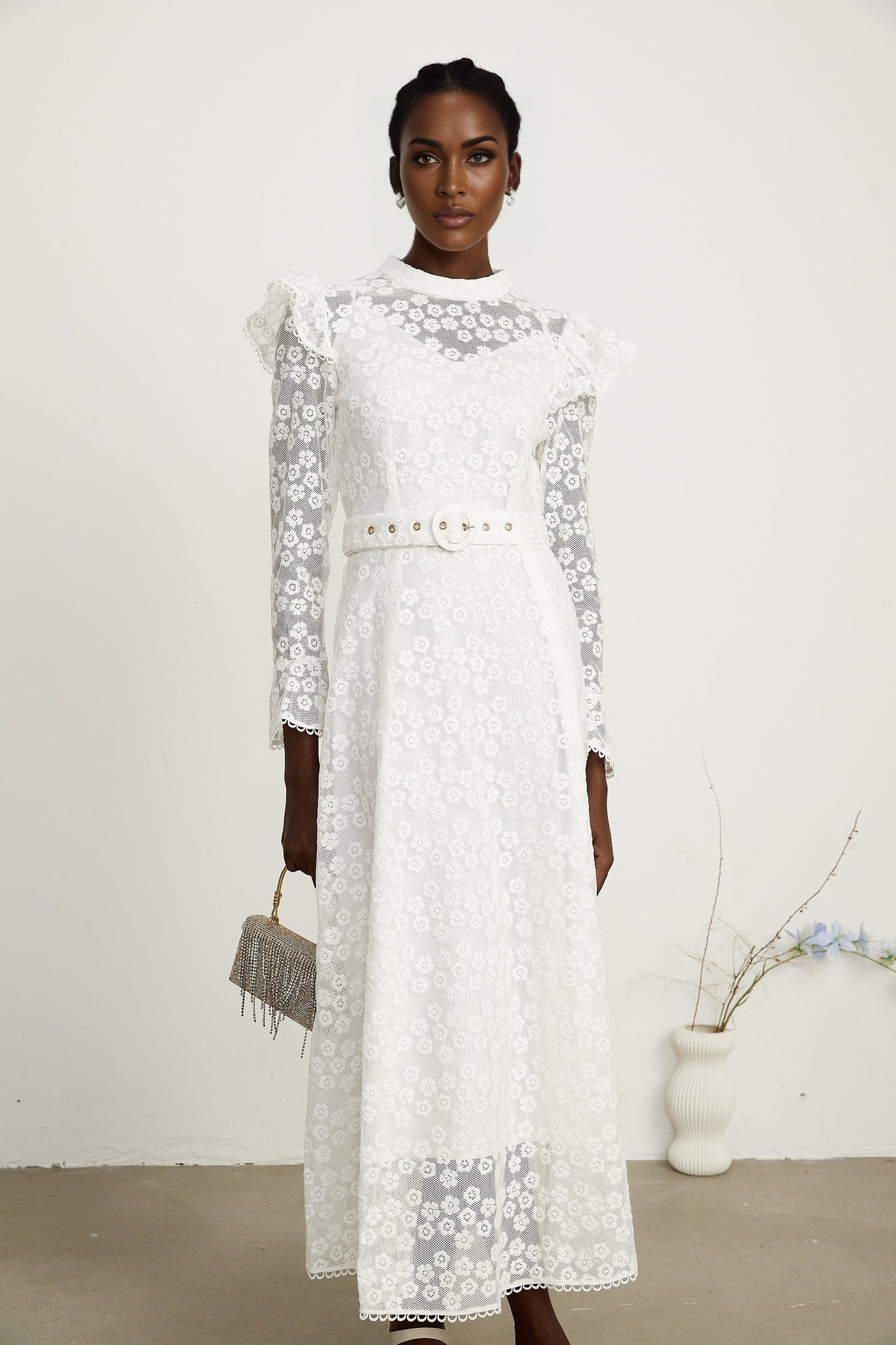 Macy Floral Midi Dress in Classic White with Embroidery & Detachable Waist Belt