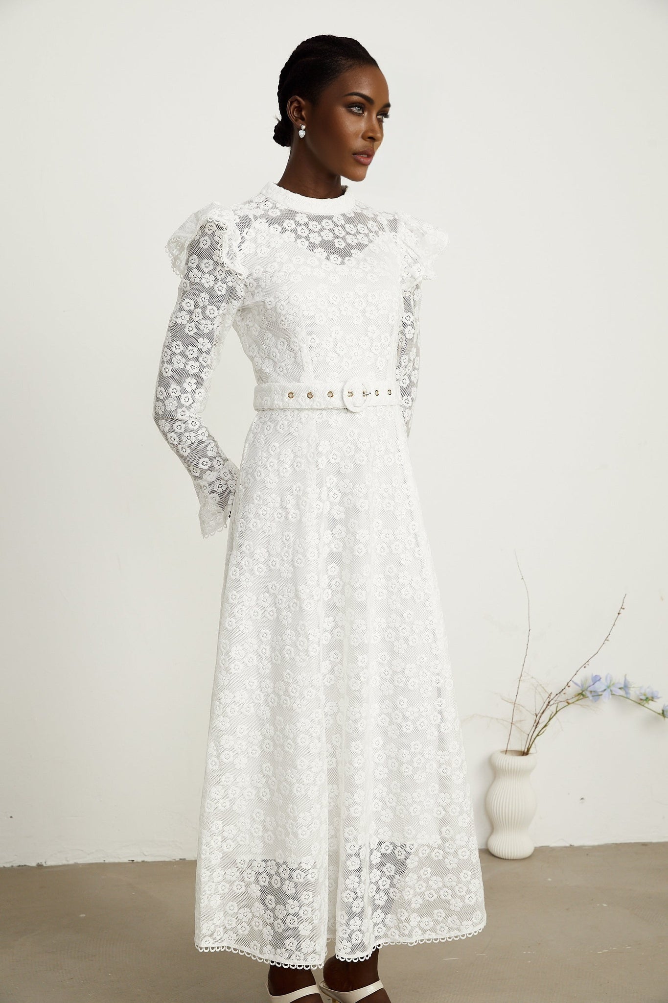 Macy Floral Midi Dress in Classic White with Embroidery & Detachable Waist Belt