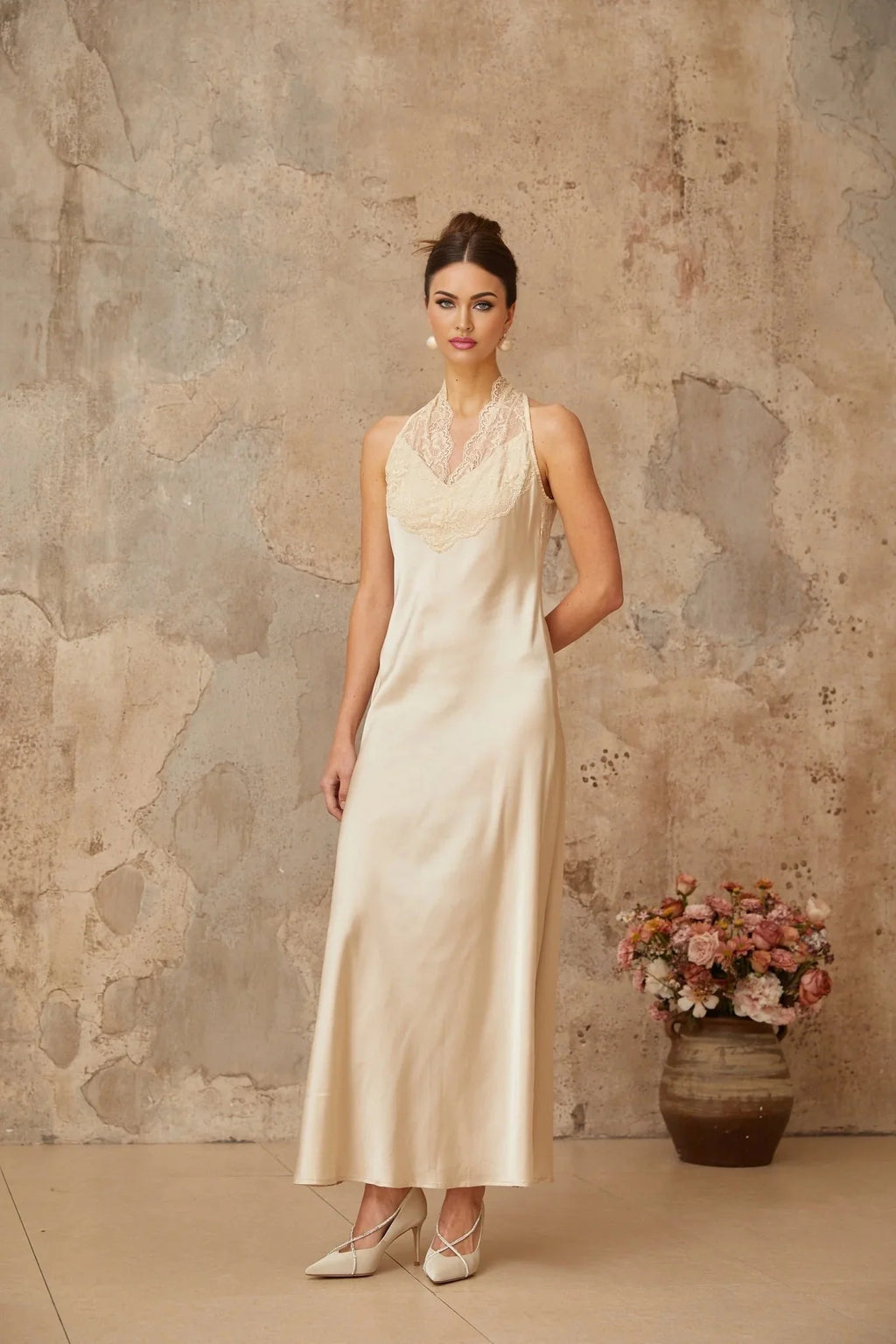 Macy Maxi Dress White Lace Trim Satin Elegant Silhouette Button Fastening