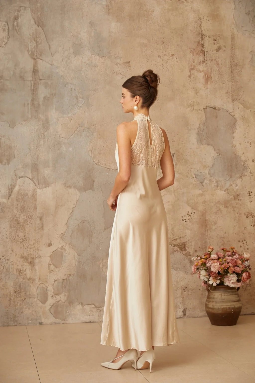 Macy Maxi Dress White Lace Trim Satin Elegant Silhouette Button Fastening