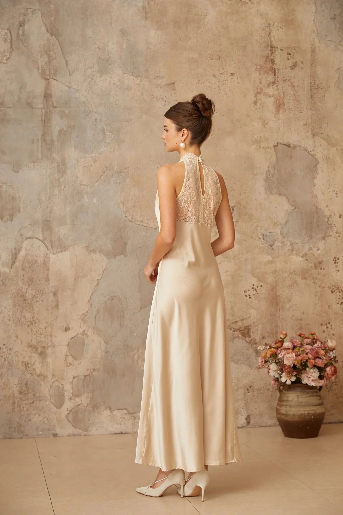 Macy Maxi Dress White Lace Trim Satin Elegant Silhouette Button Fastening